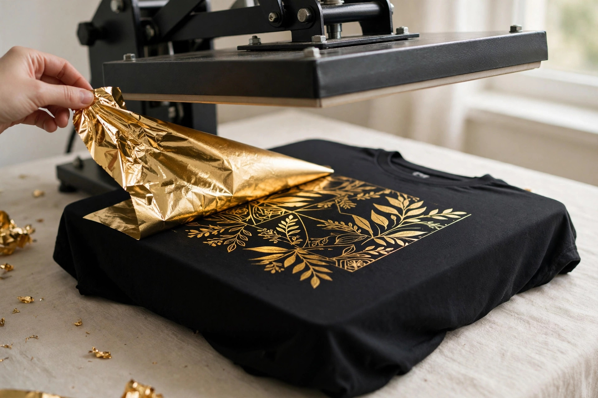 Gold foil print design shining on a black t-shirt under a heat press