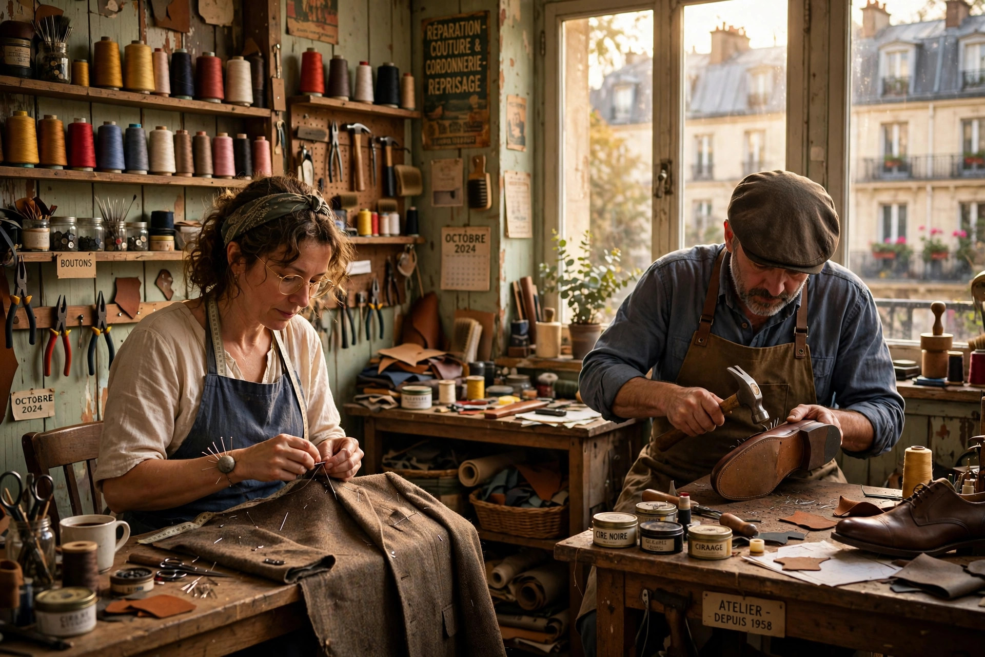 Tailor mending a jacket and cobbler repairing a shoe in a cozy Parisian repair atelier
