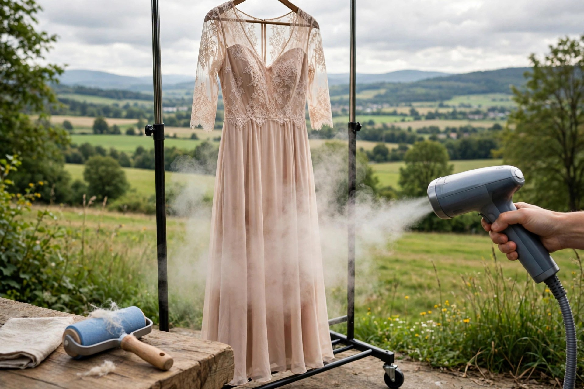 A garment steamer steaming a hanging dress with a lint roller nearby