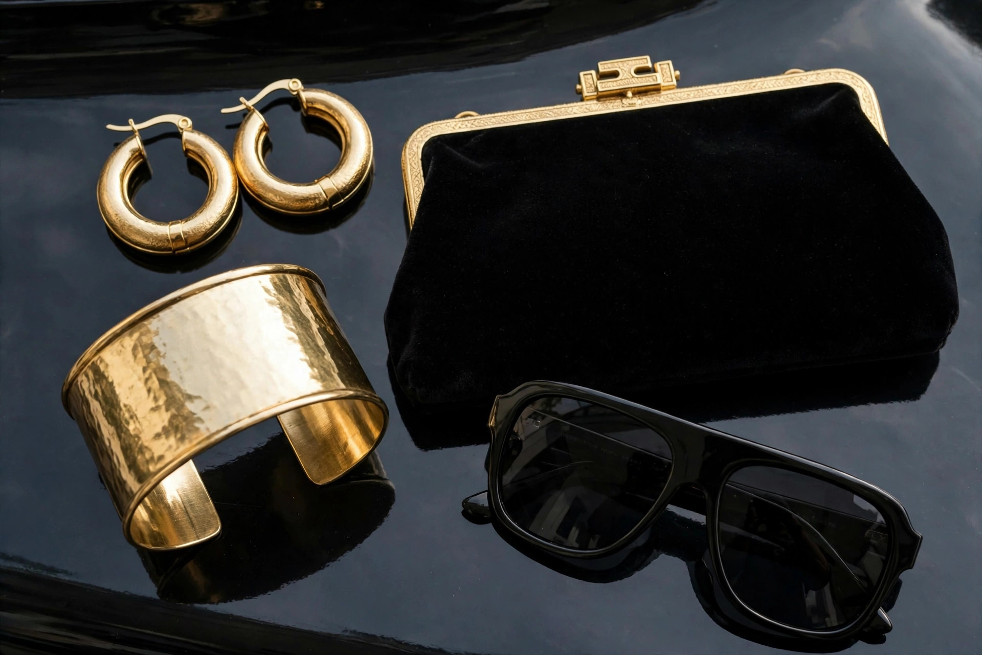 Chunky gold hoop earrings, a wide gold cuff, dark sunglasses and a black velvet clutch with a gold clasp arranged on a glossy black surface
