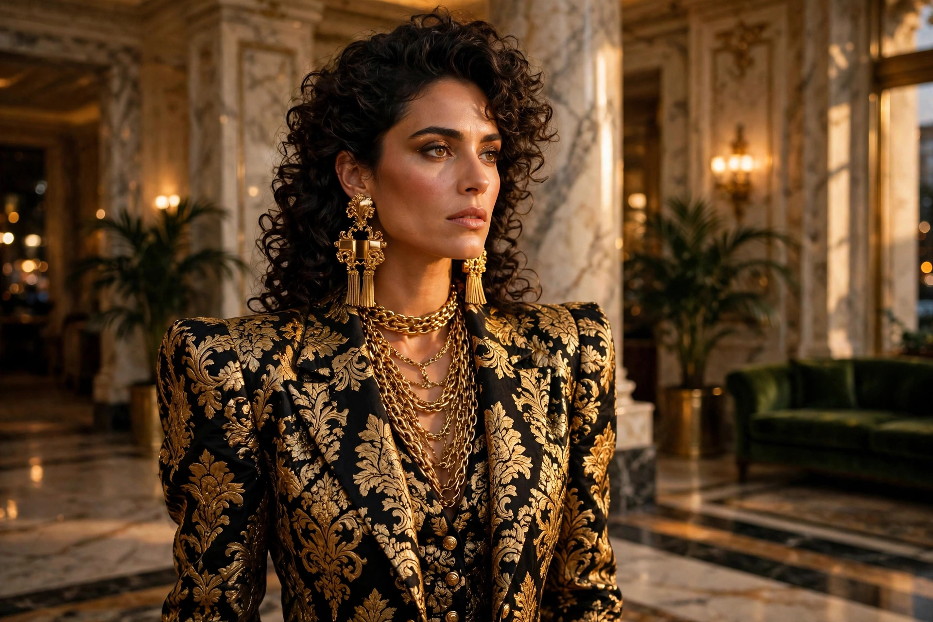 Woman in 1980s luxury maximalist styling with oversized gold earrings and a bold-shouldered black and gold brocade blazer in a marble hotel lobby