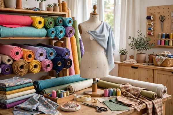 Colorful fabric rolls and a dress form in a bright atelier