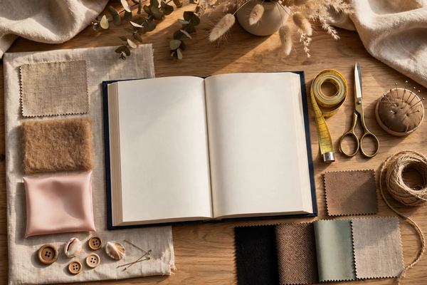 Open fashion dictionary with fabric swatches and measuring tape