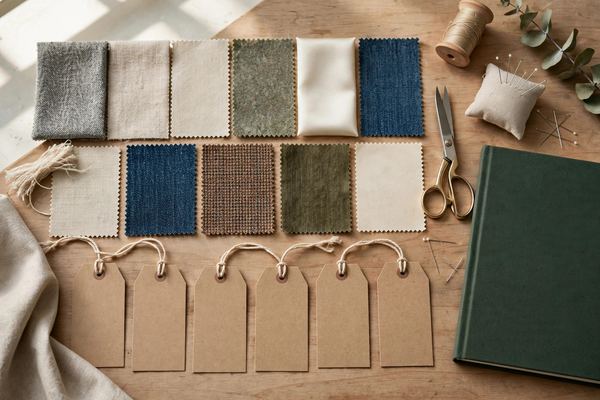 Clothing tags, fabric samples and notebook on a design studio table