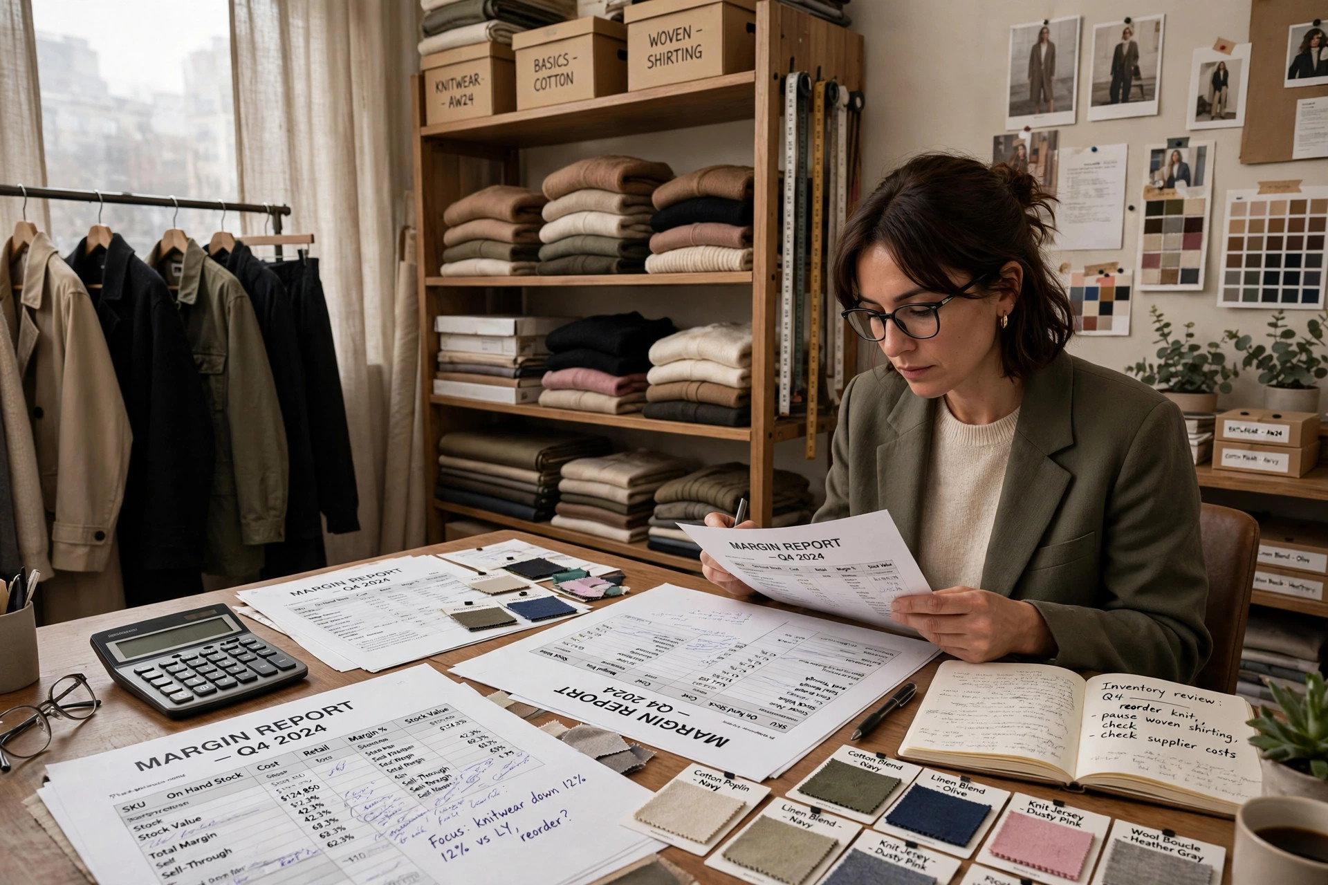 Fashion buying office with clothing inventory shelves, a calculator, margin reports, and fabric swatches on a desk