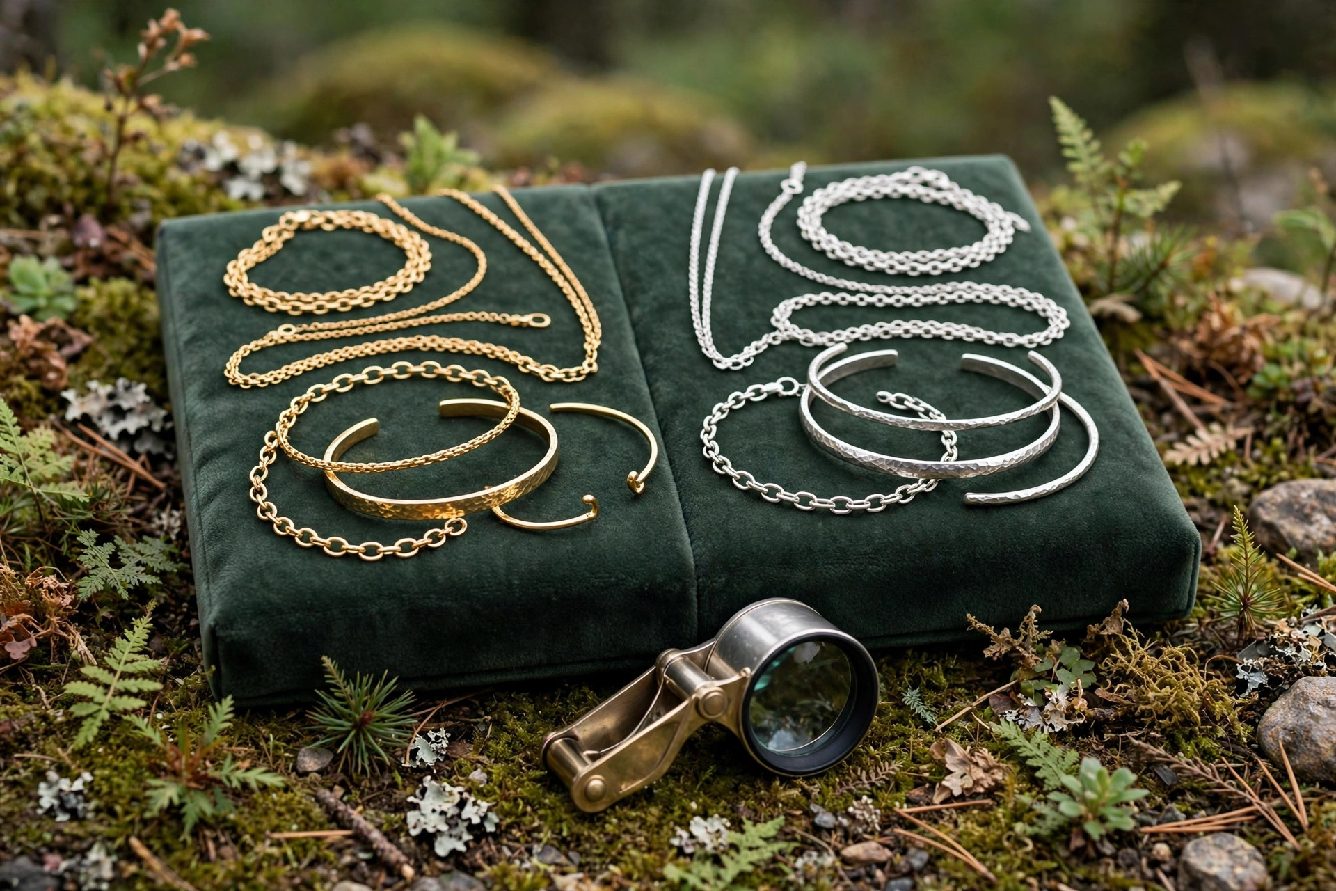 Gold necklaces and bracelets arranged beside silver necklaces and bracelets on a jewelry display cushion with a loupe
