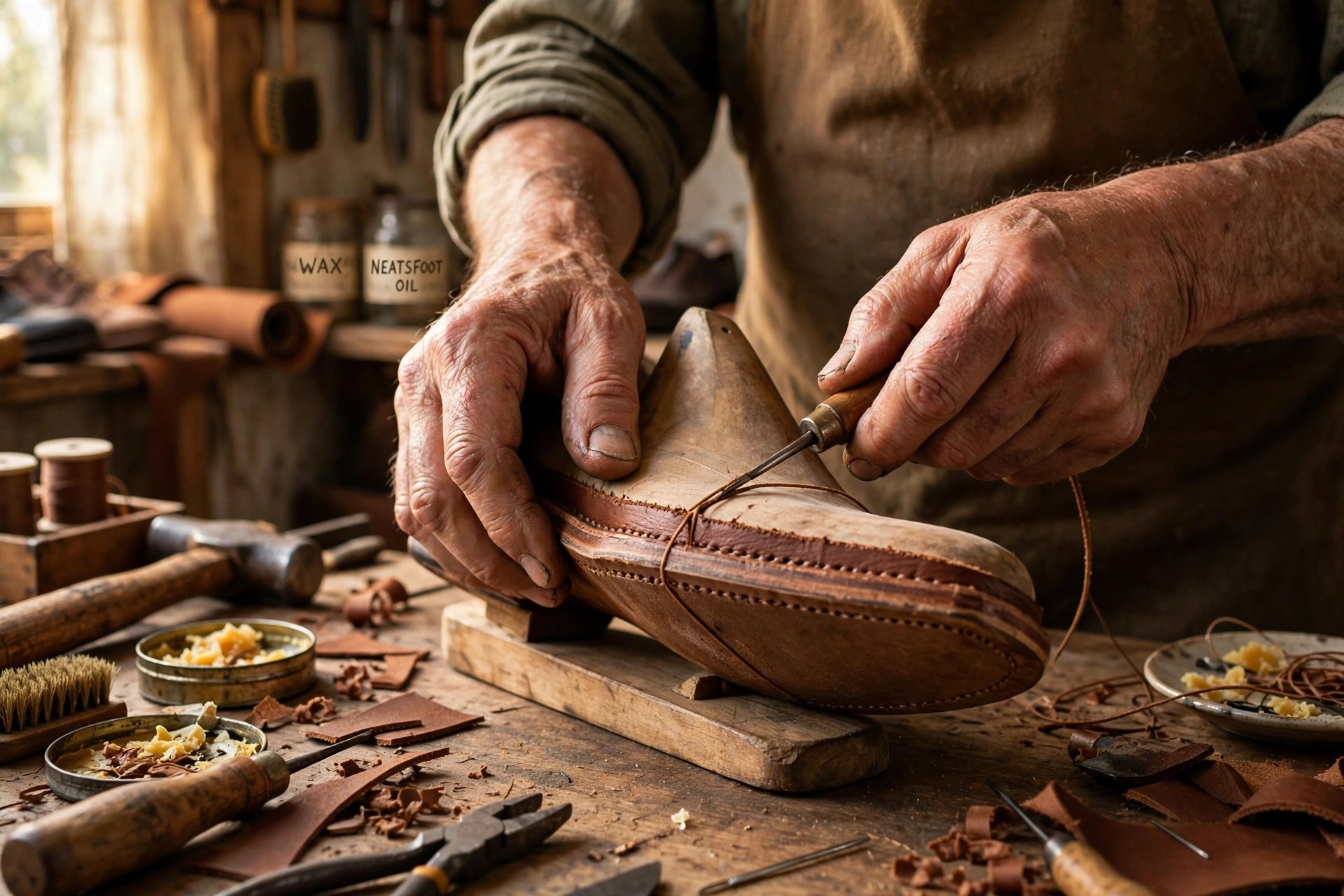 A Goodyear welted leather shoe in cross-section on a cobbler's bench showing the welt stitching between the upper and the outsole