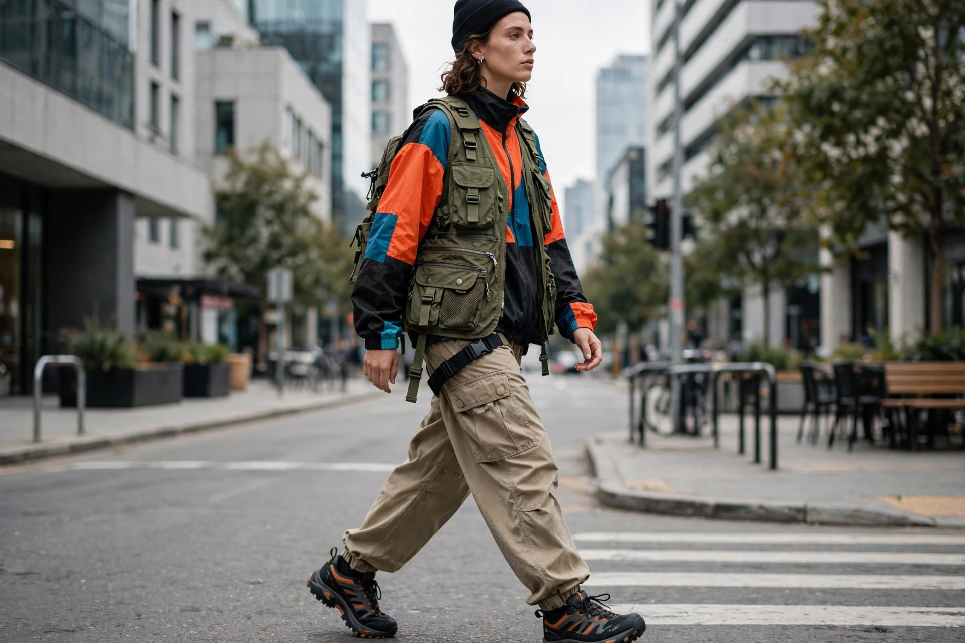 Person wearing gorpcore street style in a city: a colour-block windbreaker, utility vest, baggy cargo pants and chunky trail sneakers