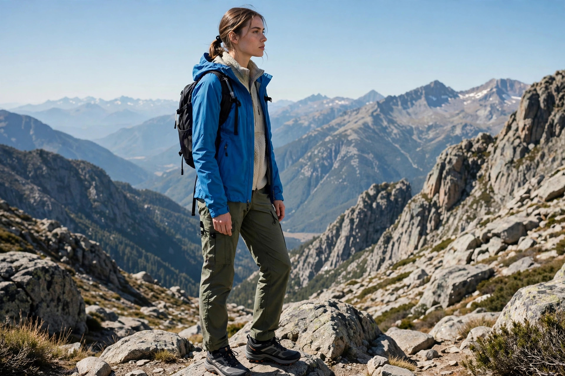 Hiker wearing a bright technical shell jacket, fleece mid-layer, cargo trousers and trail shoes with a daypack on a rocky mountain viewpoint
