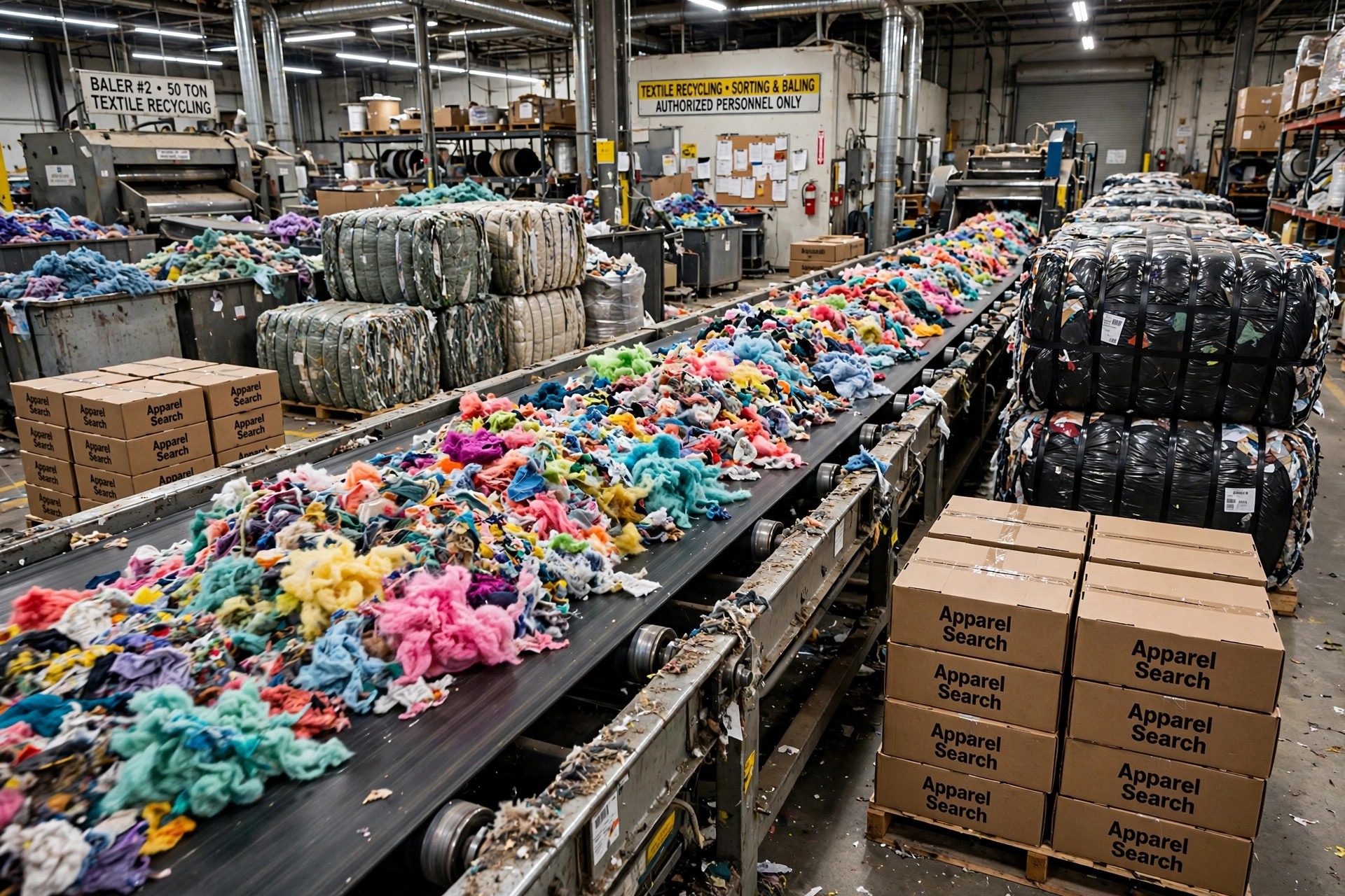 Textile recycling facility with sorted reclaimed fibers, bales of recycled material, and labeled cartons