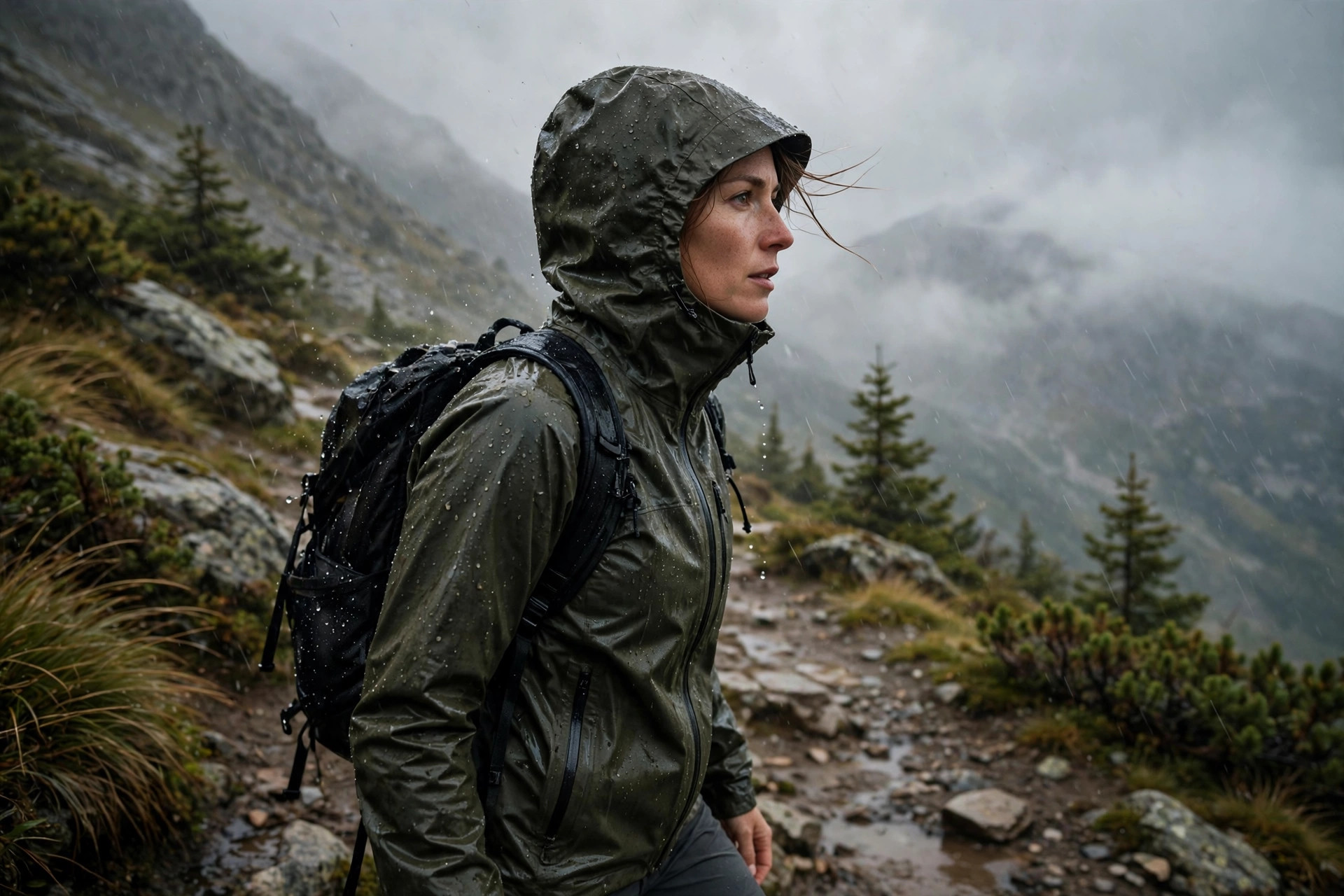 Adult hiker in wind and rain on a mountain trail wearing a waterproof hardshell jacket with the hood up, water beading on the fabric