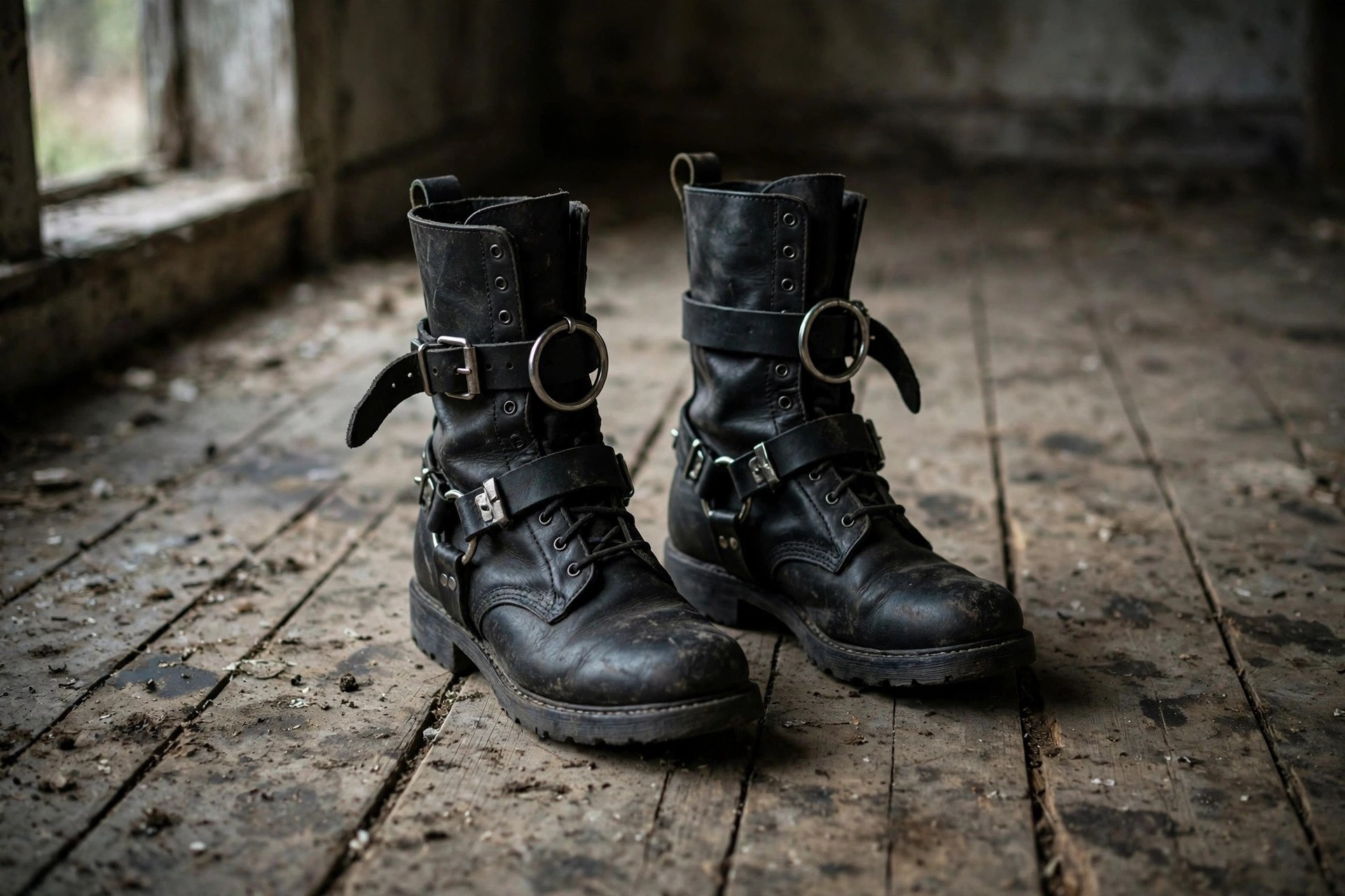 A pair of tall black leather harness boots with metal ring and strap hardware at the ankle, worn with dark jeans