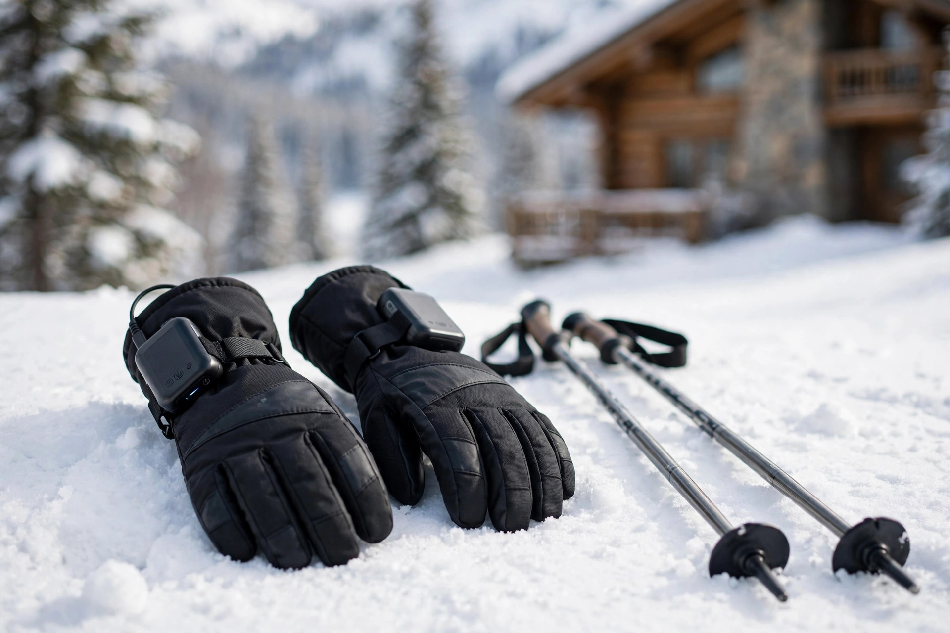 Black heated ski gloves with battery packs resting on snow beside ski poles