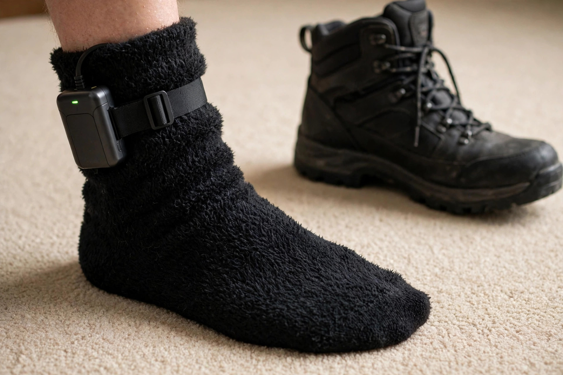 Close view of a foot wearing a heated sock with the battery pack visible at the cuff, boot pulled on nearby