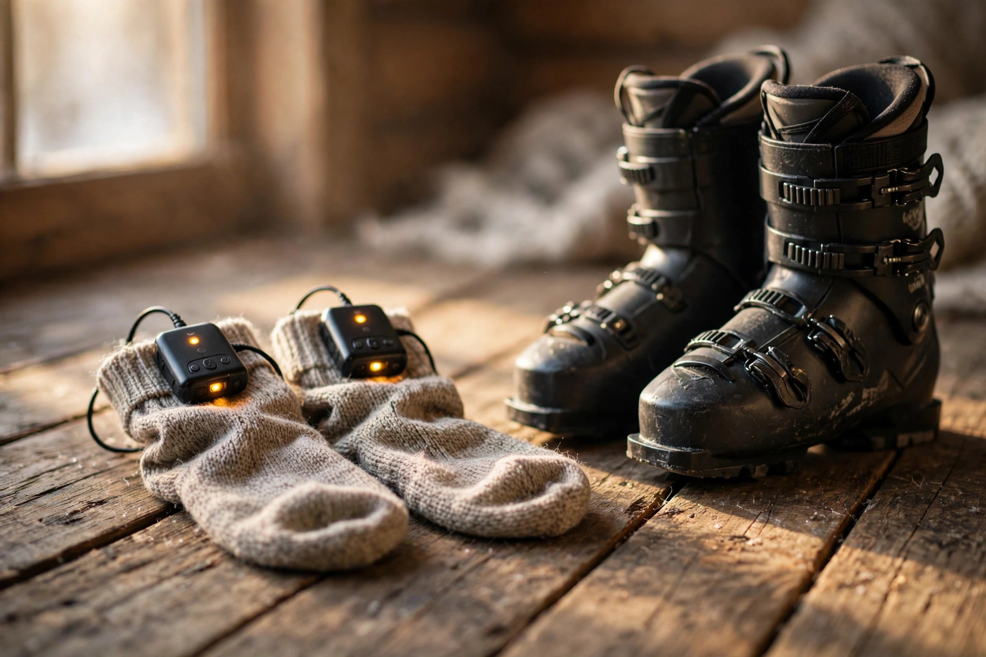 Pair of knitted heated socks with battery packs at the cuffs resting beside ski boots on a cabin floor