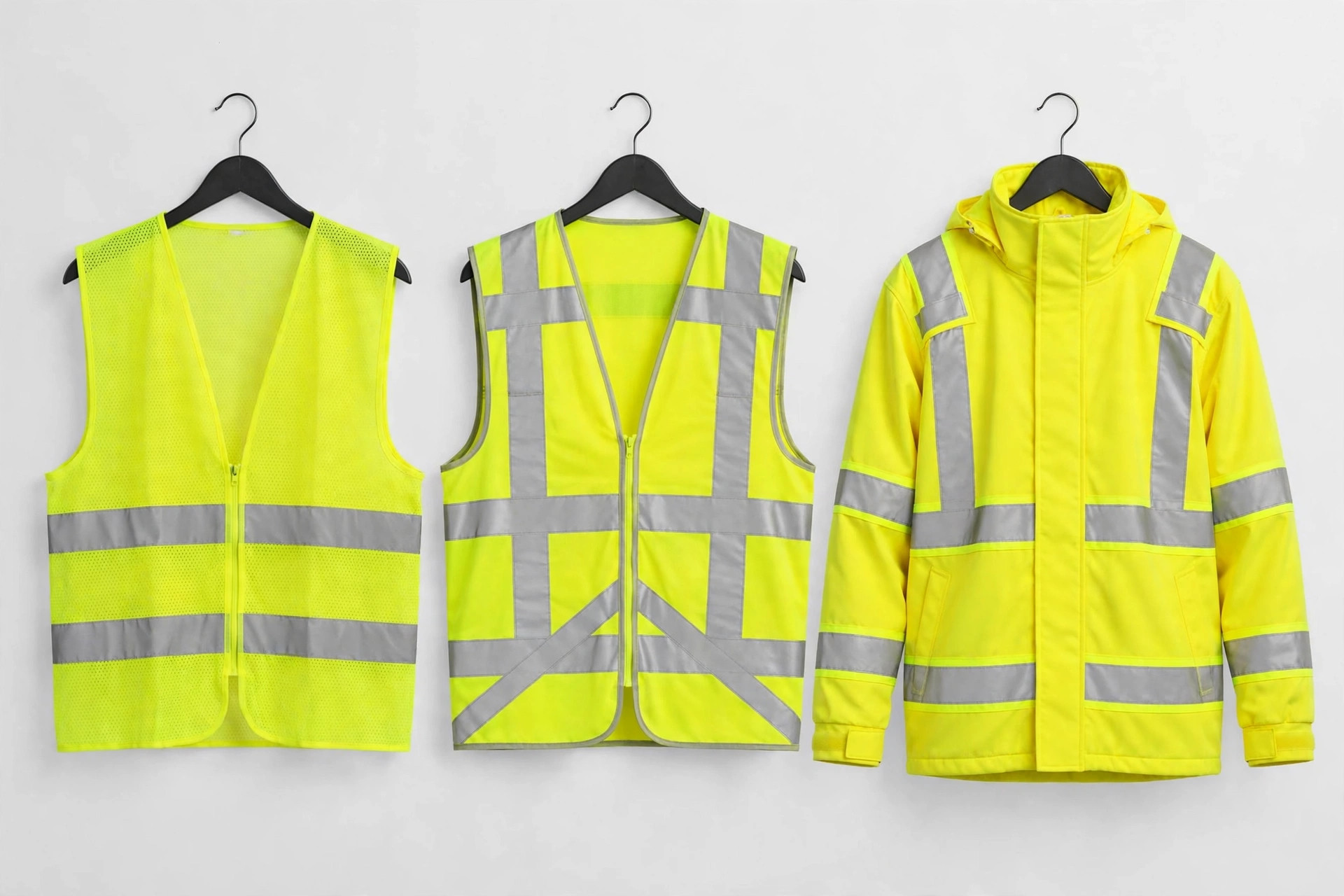 Three high-visibility garments side by side showing increasing reflective tape coverage from vest to full jacket