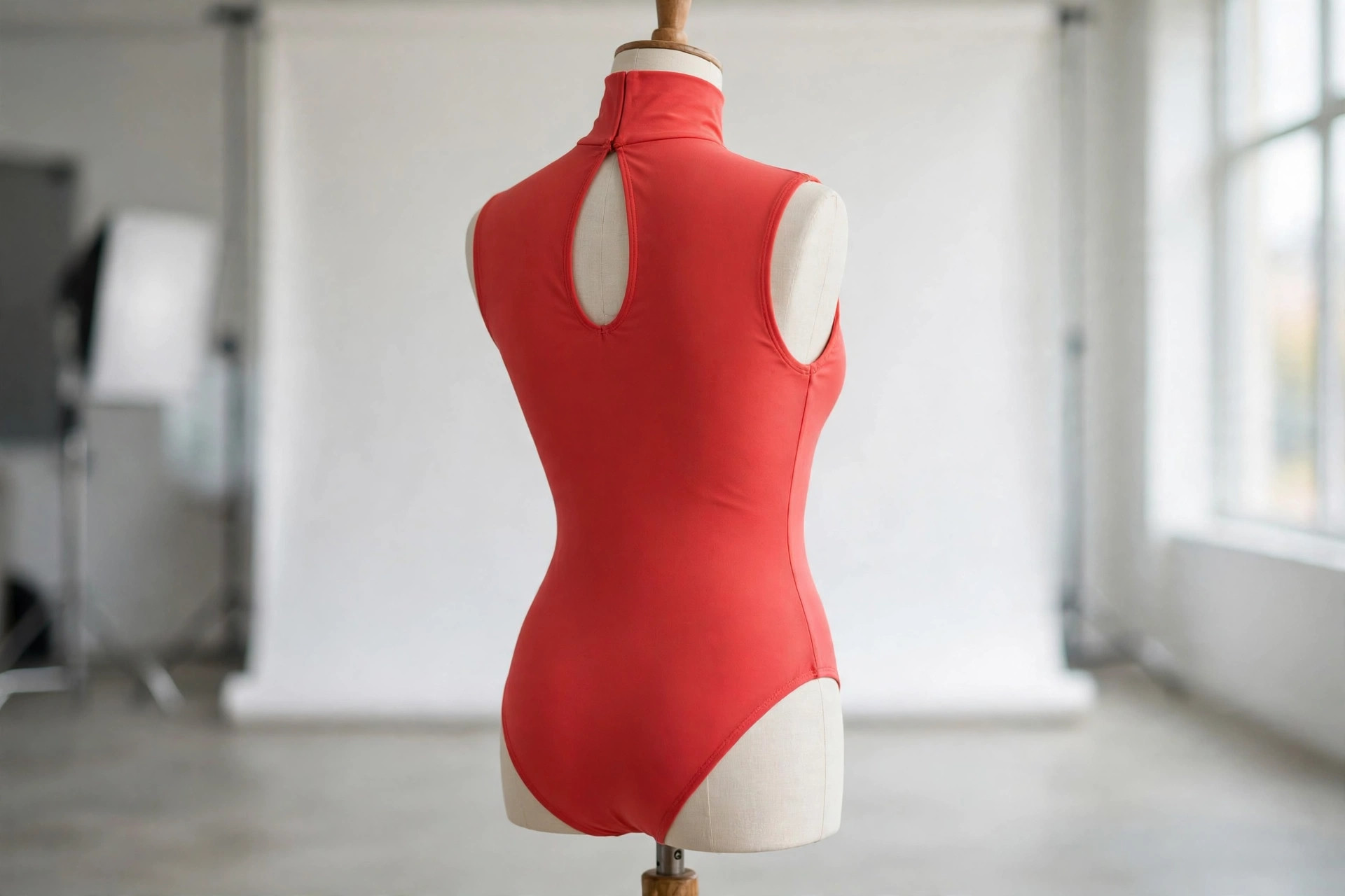 Coral-red high-neck one-piece swimsuit on a dress form mannequin in a bright studio, showing the high neckline and keyhole back