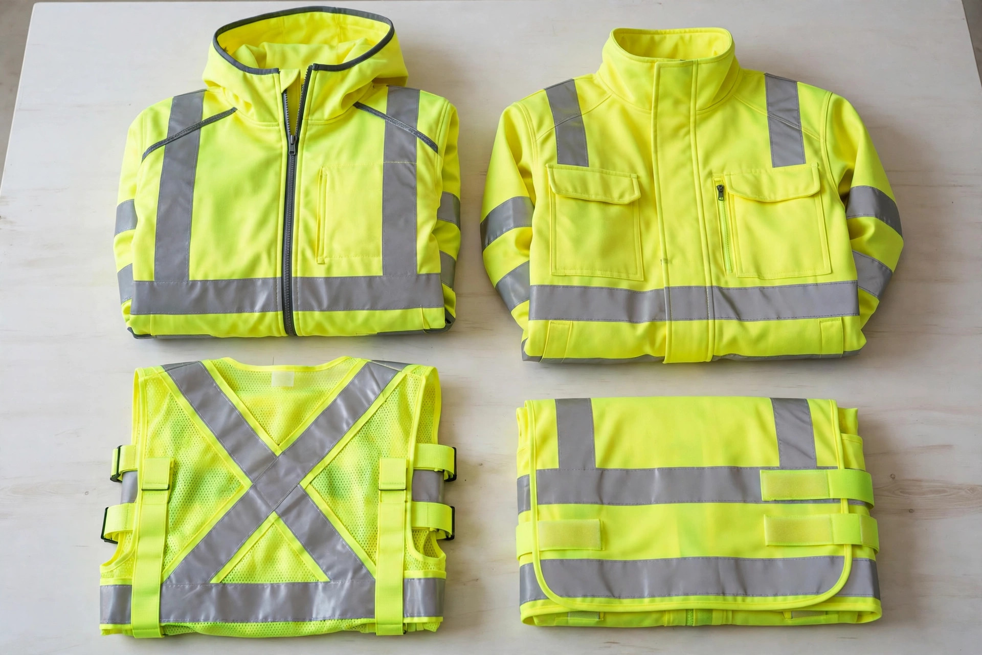 Flat lay of fluorescent yellow-green high-visibility safety vests and jackets with silver reflective tape