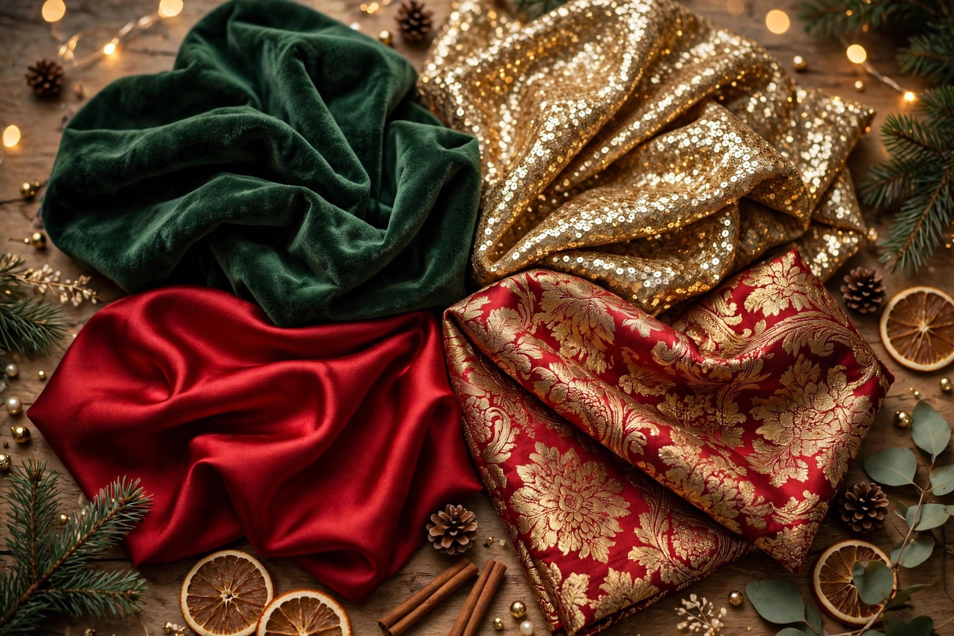A flat lay of velvet, sequin, satin, and brocade fabric swatches in jewel tones