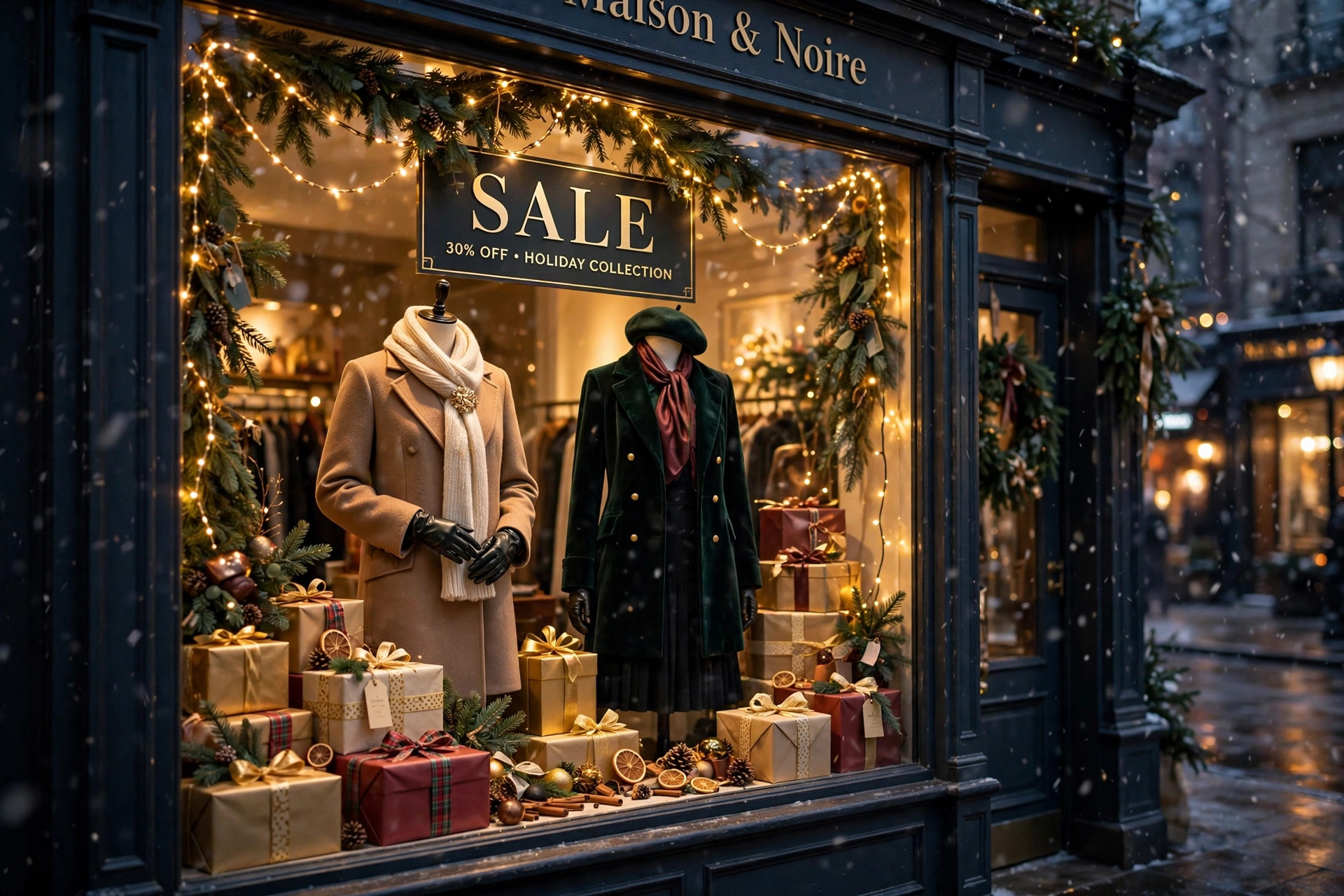Festive holiday storefront window with clothing sale display