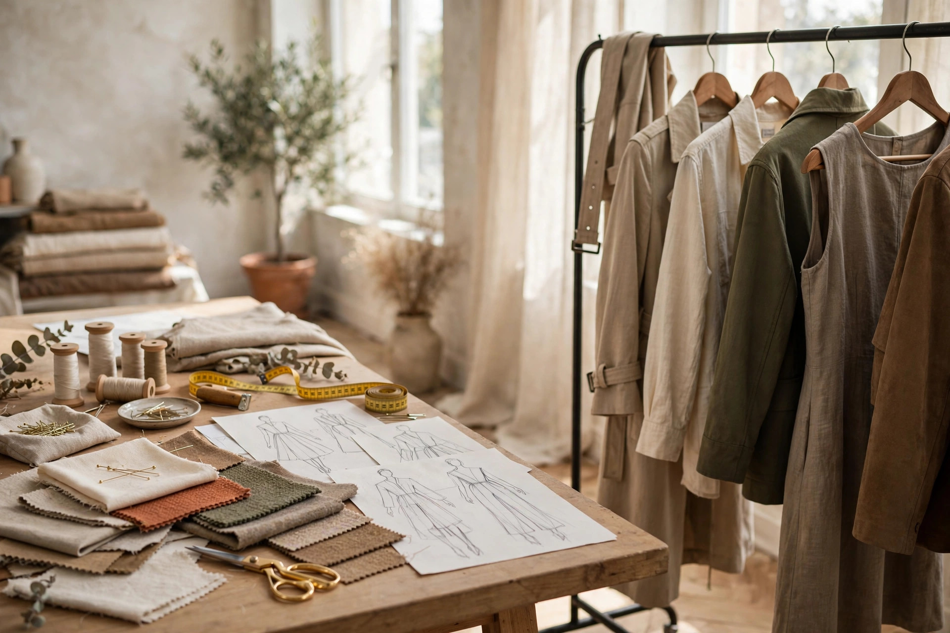 A fashion studio worktable with fabric and garment sketches beside a rail of styled outfits