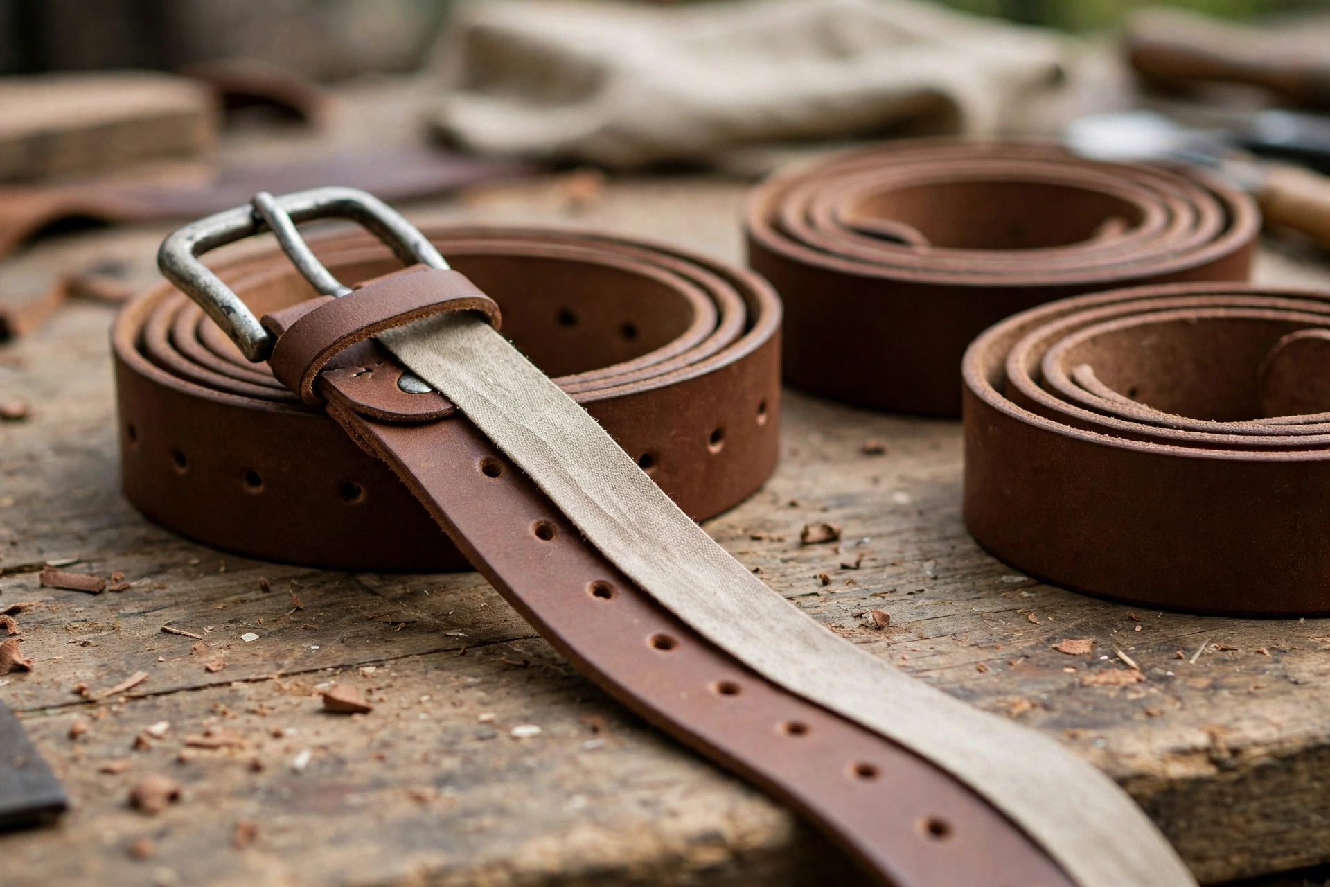 Plain leather belts coiled on a workbench with a soft measuring tape laid along one belt to its holes