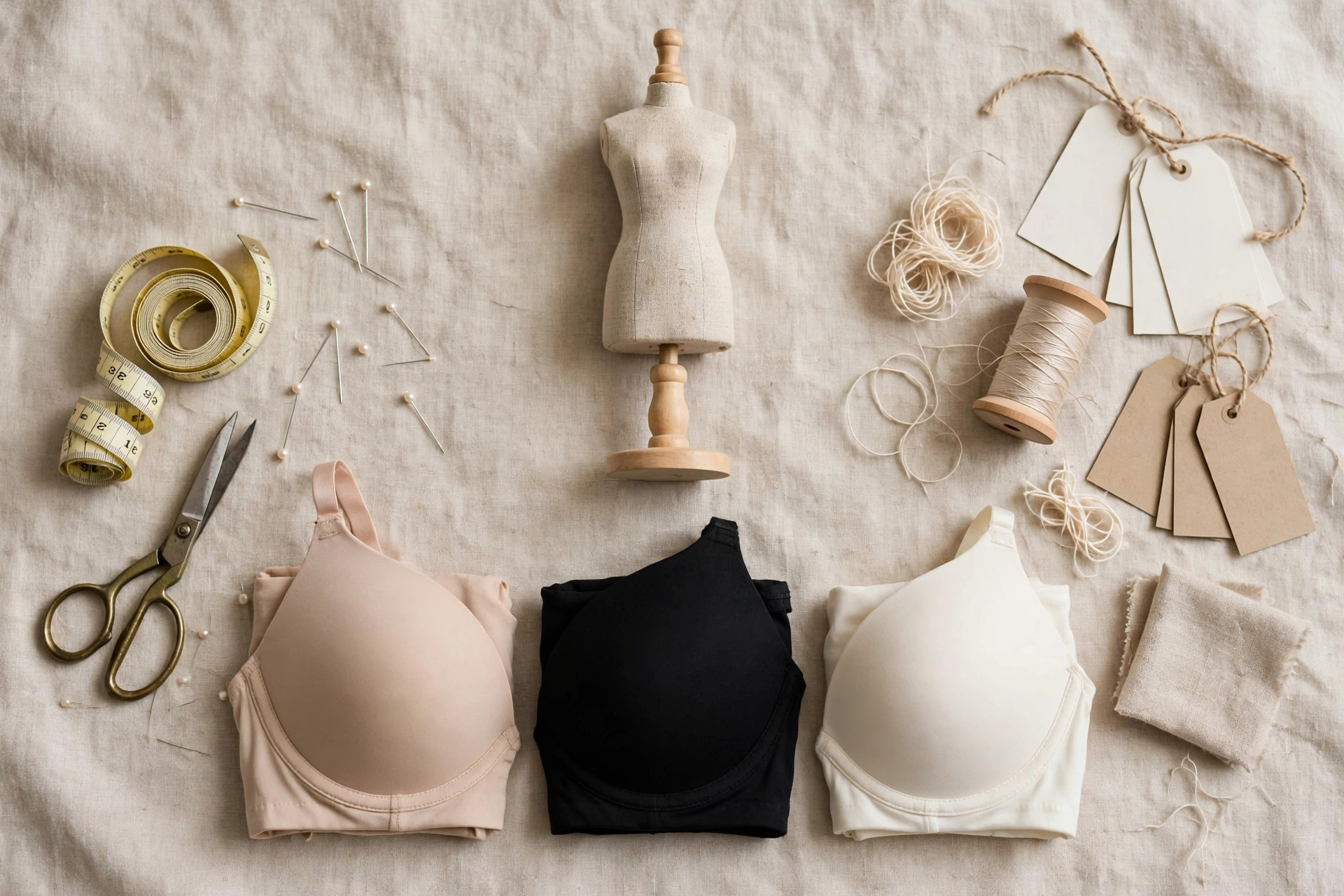 Dress form with a soft measuring tape and neatly folded plain bras on a fitting-room table
