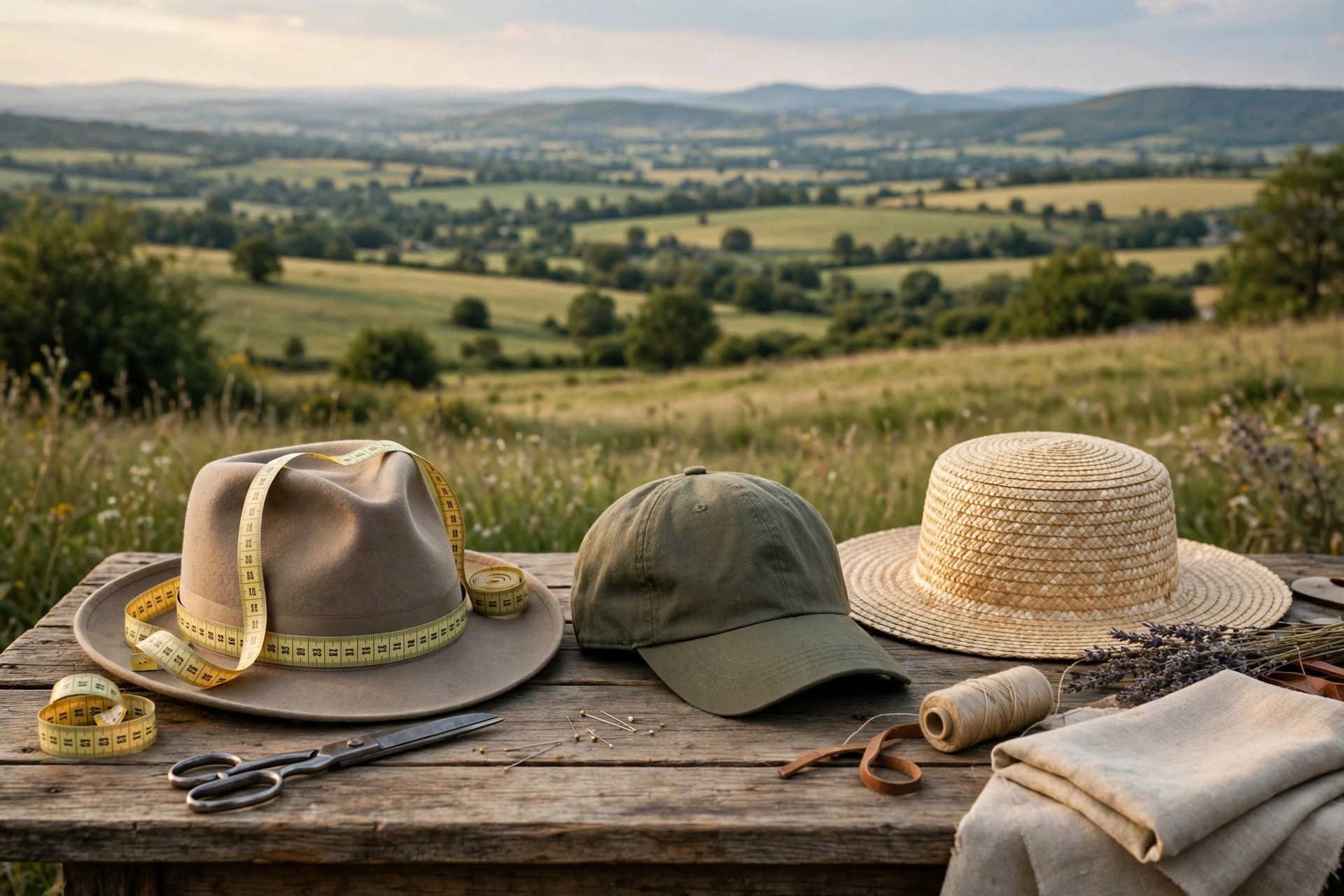 Plain fedora, cap and sun hat on a milliner's table with a soft measuring tape around one crown