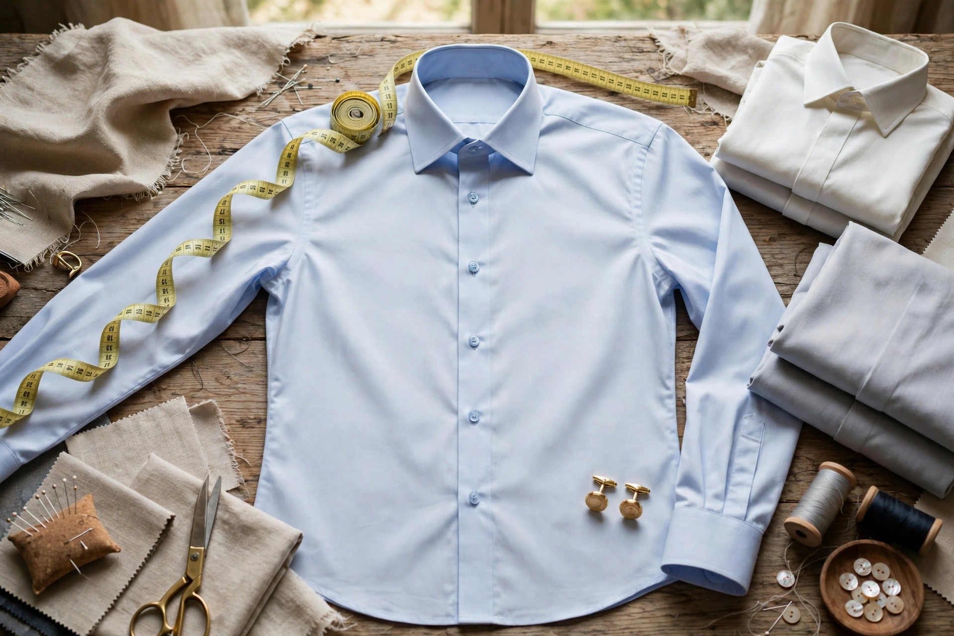 Crisp dress shirt laid flat on a tailor's table with a measuring tape at the collar and along the sleeve