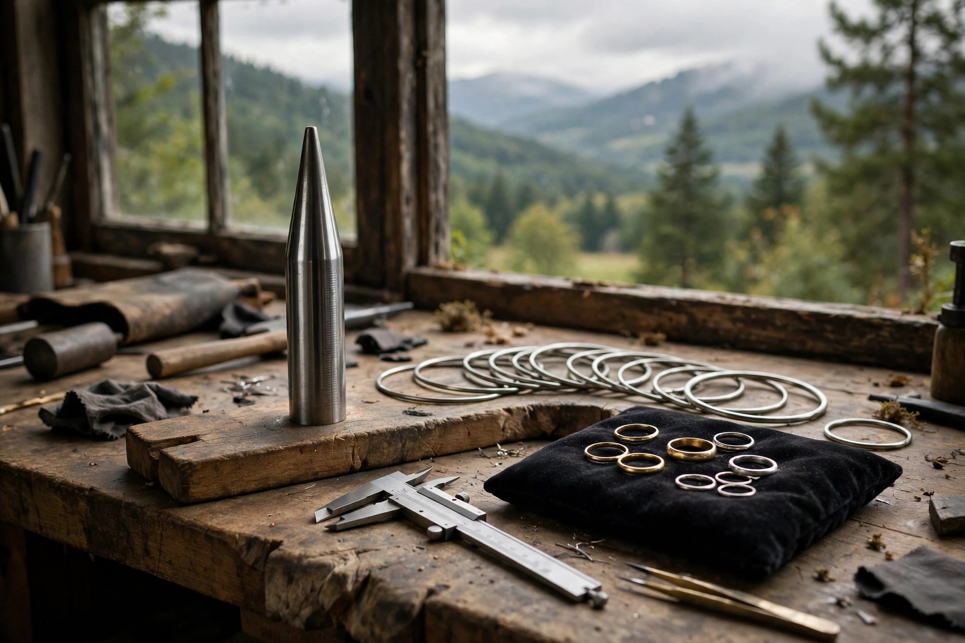 Jeweler's workbench with a ring sizing mandrel, plain metal sizing rings and calipers