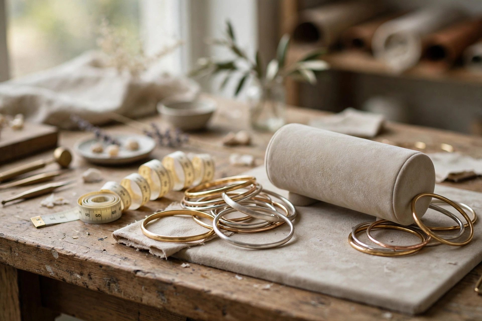 Plain bracelets and bangles beside a soft measuring tape and a round bracelet display on a jewelry bench