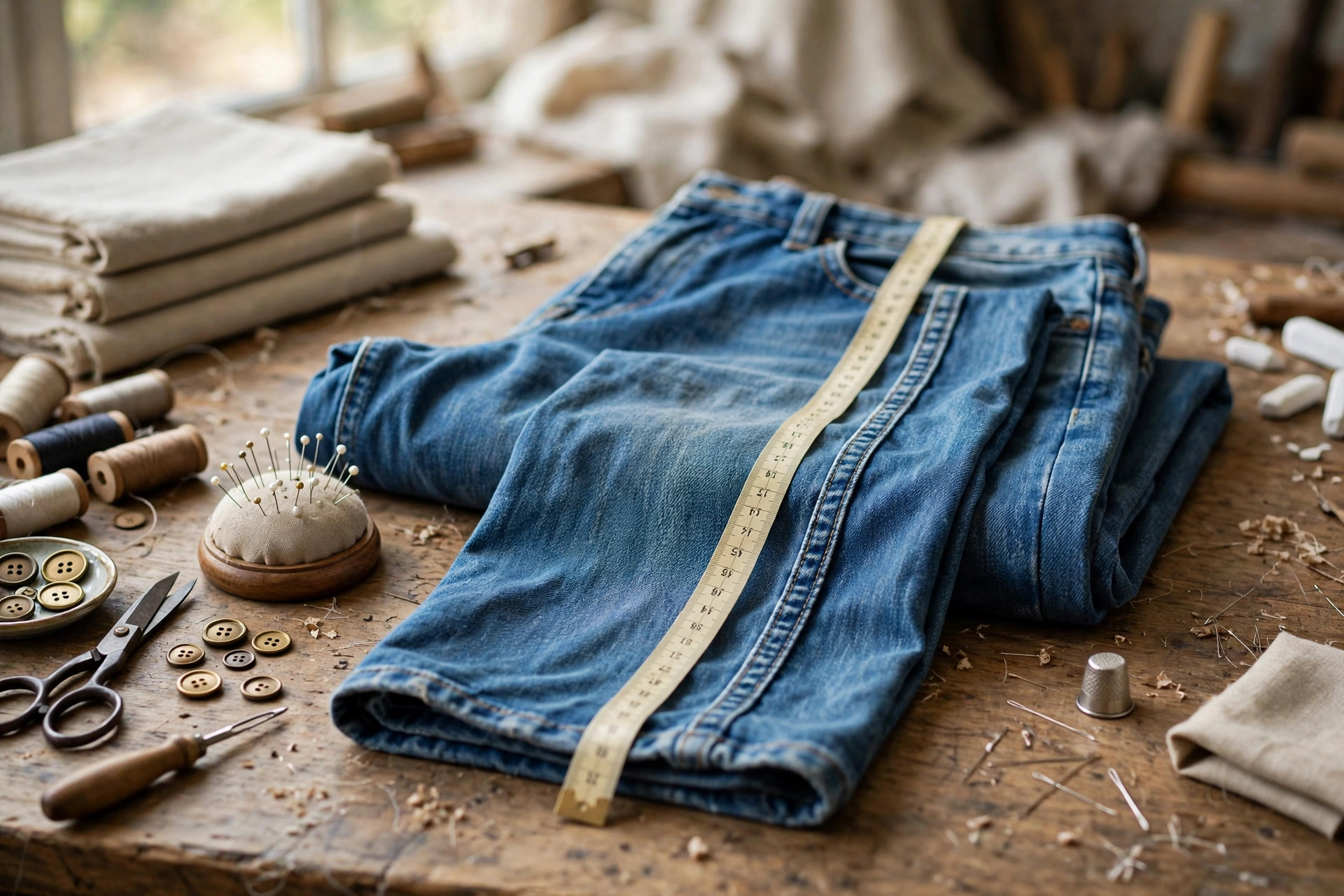 Folded blue jeans laid flat on a tailor's table with a soft measuring tape running along the inner leg seam