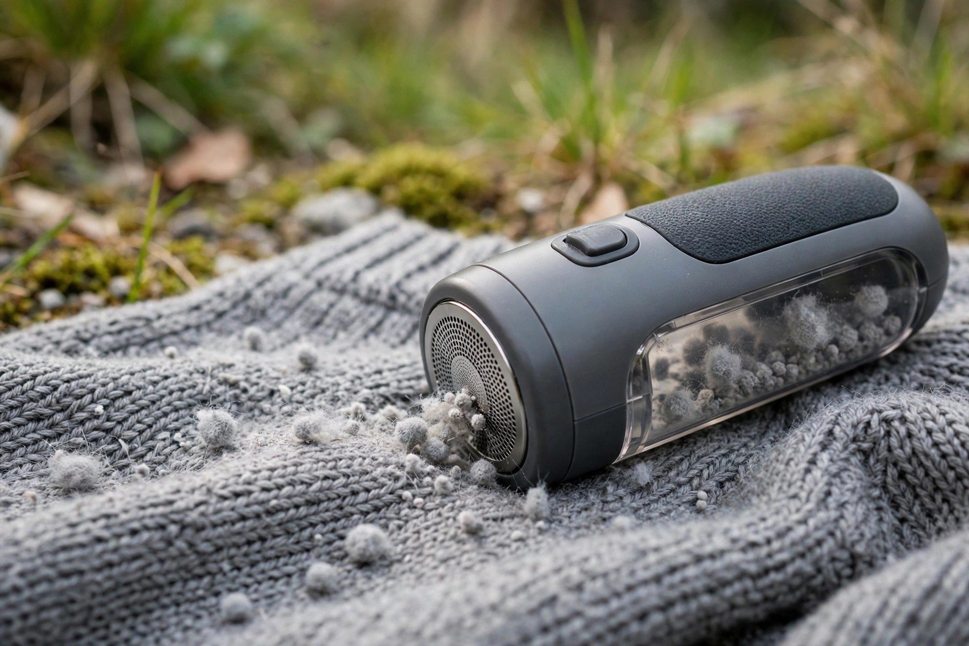 Close-up of an electric fabric shaver removing pills from a grey knitted sweater