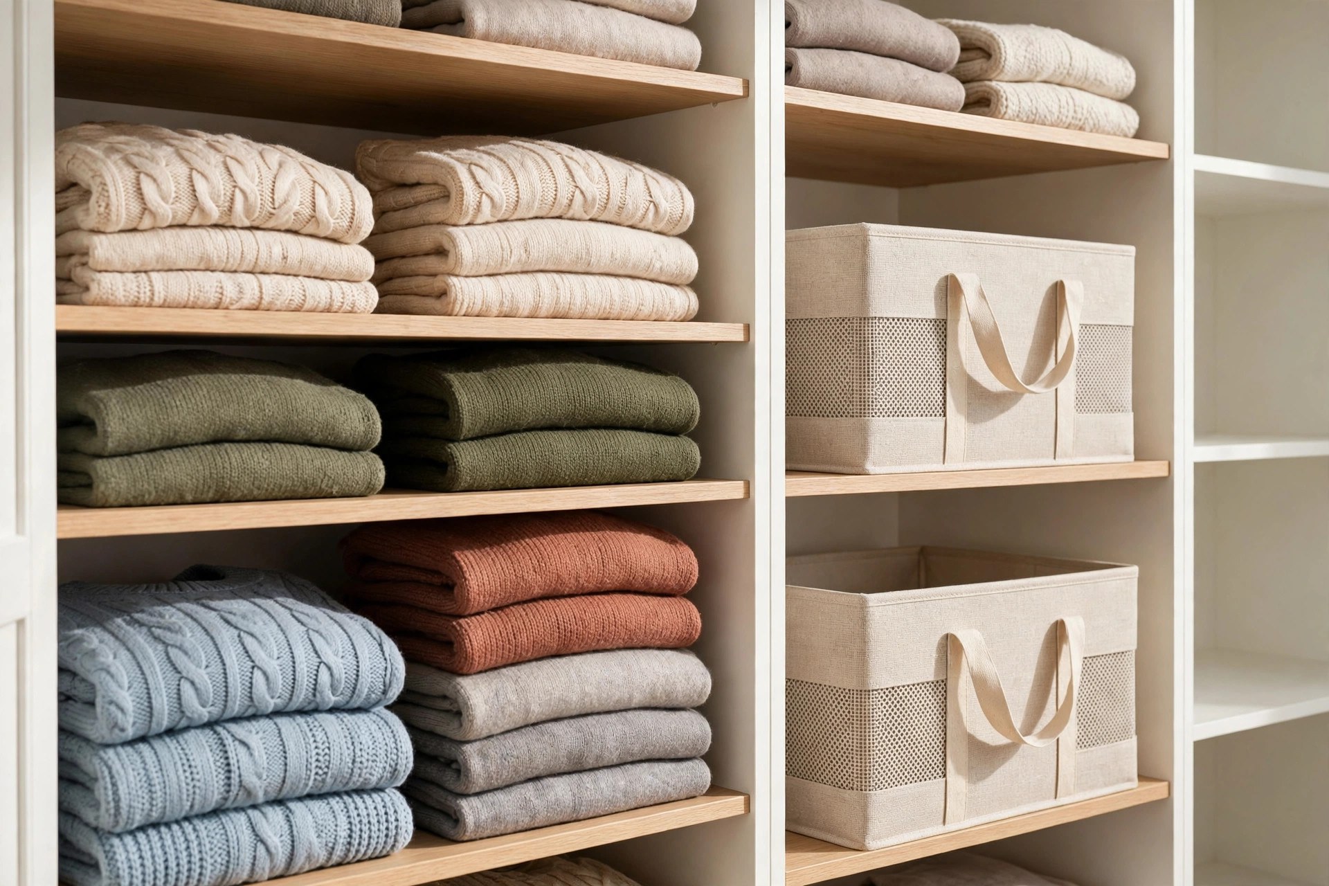 Neatly folded sweaters stacked on closet shelves beside breathable storage boxes