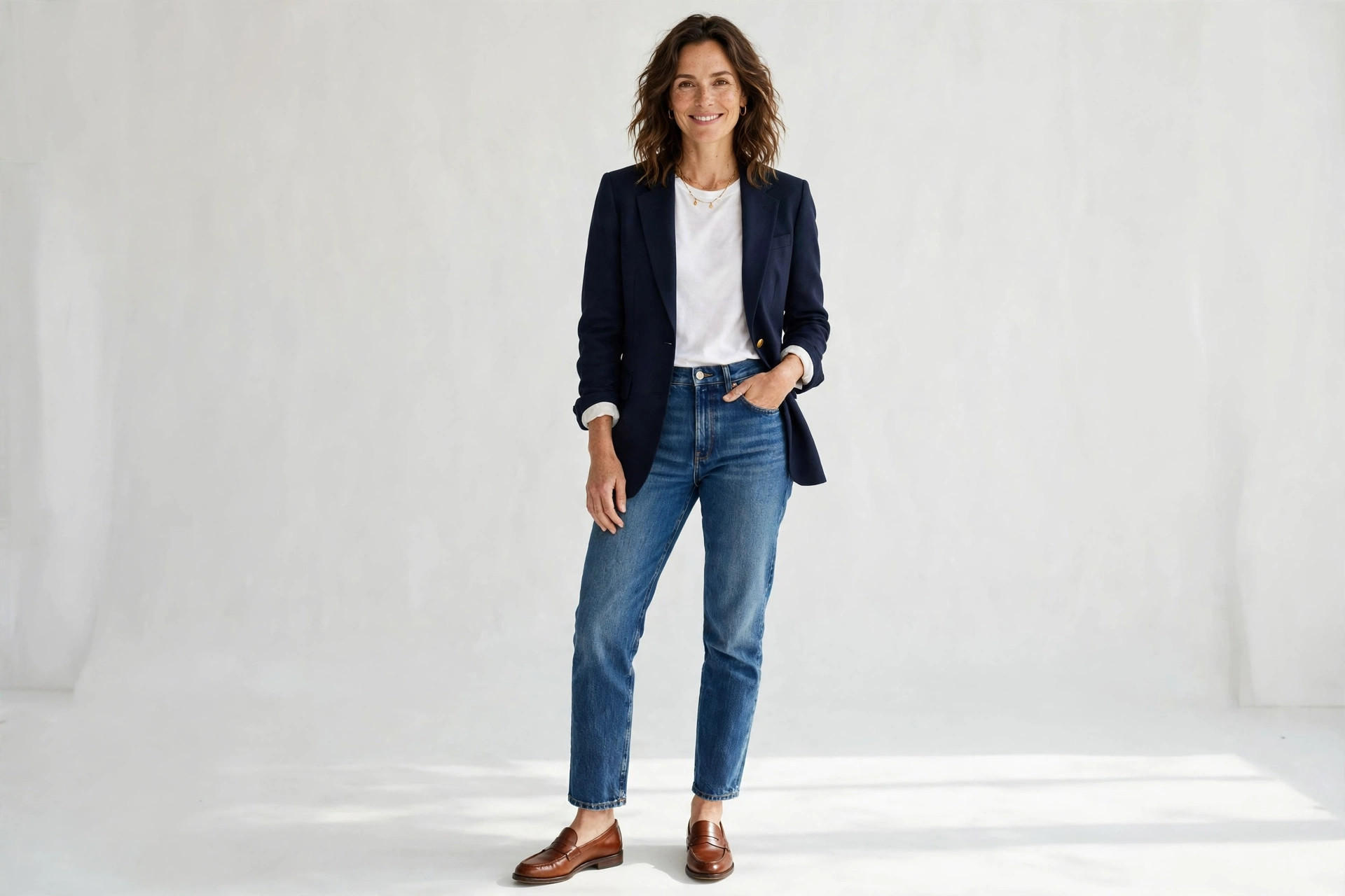 Woman wearing a tailored navy blazer over a white t-shirt with jeans and loafers
