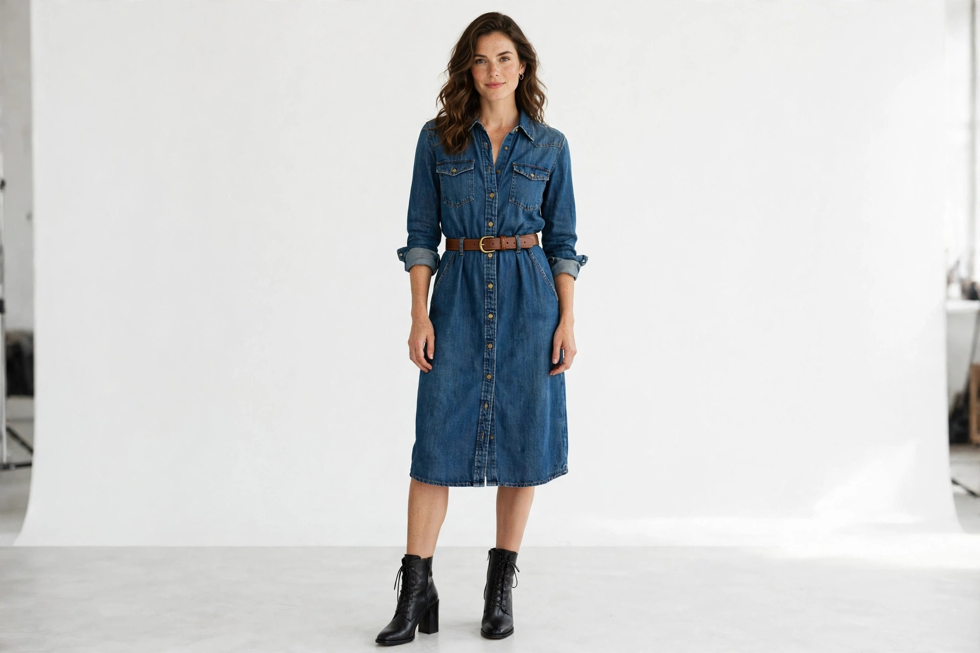 Woman wearing a belted denim shirt dress with ankle boots