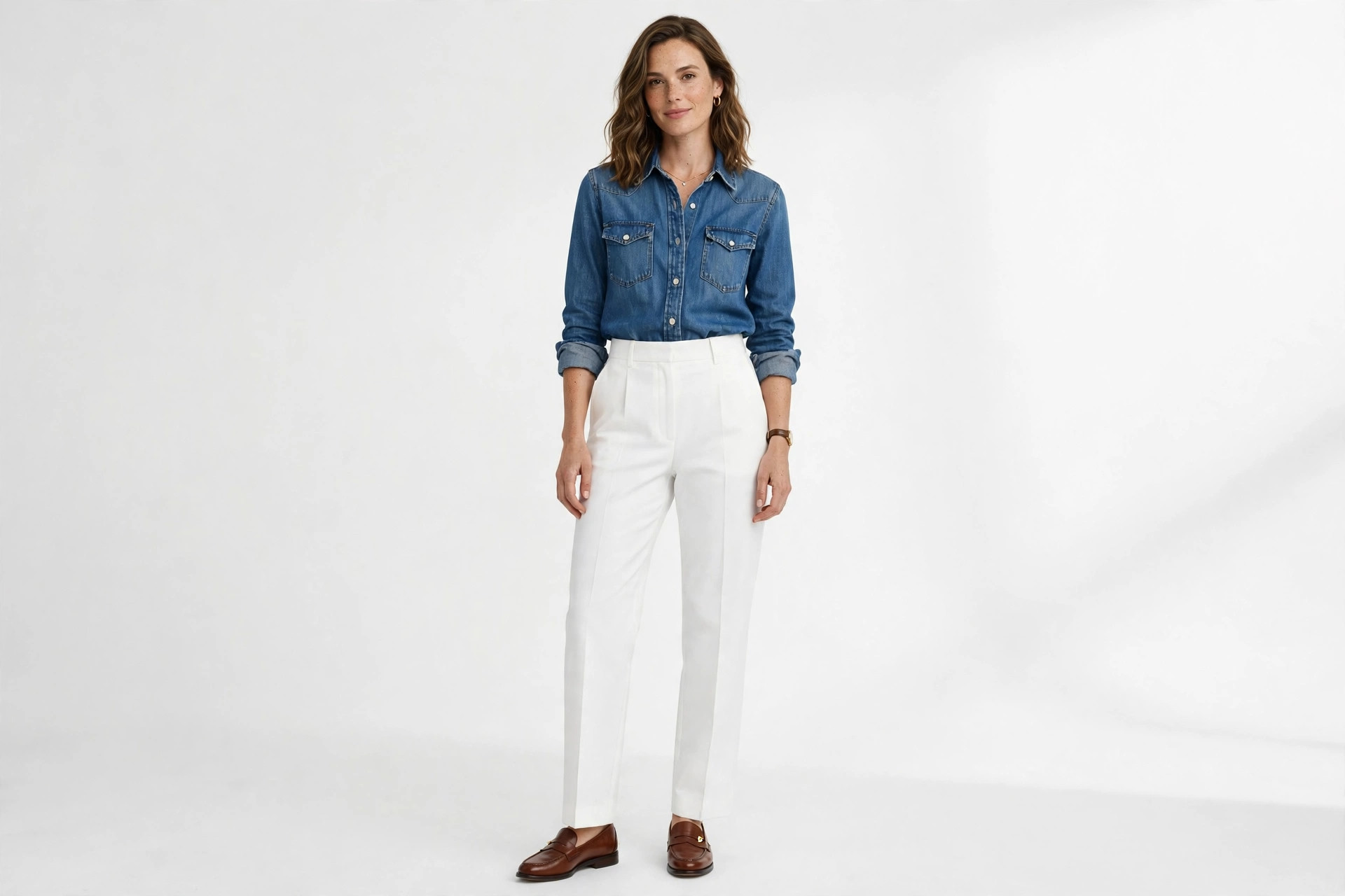 Woman wearing a denim shirt tucked into white trousers with loafers