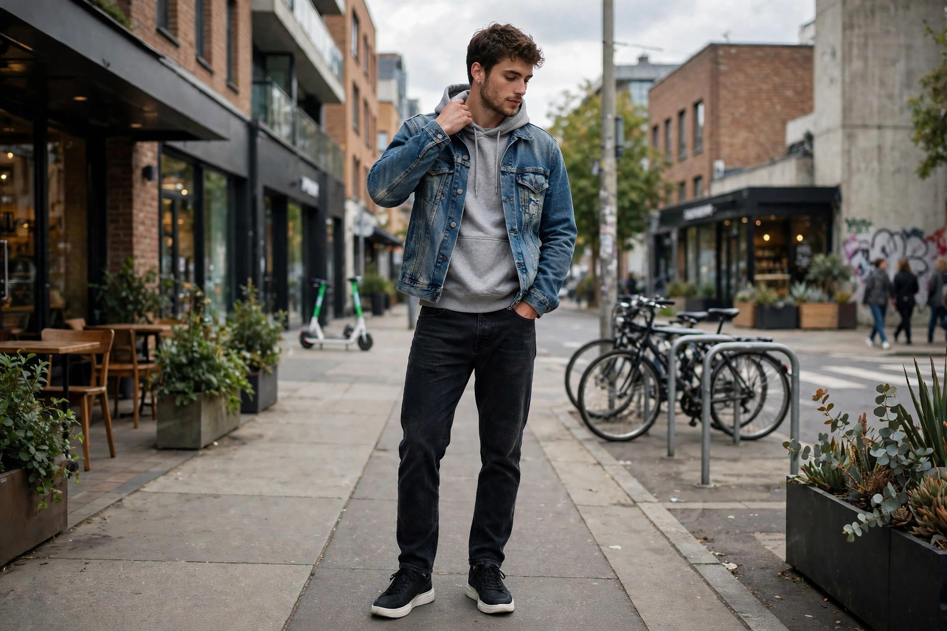 Man wearing a grey hoodie under an open denim jacket with dark jeans and sneakers