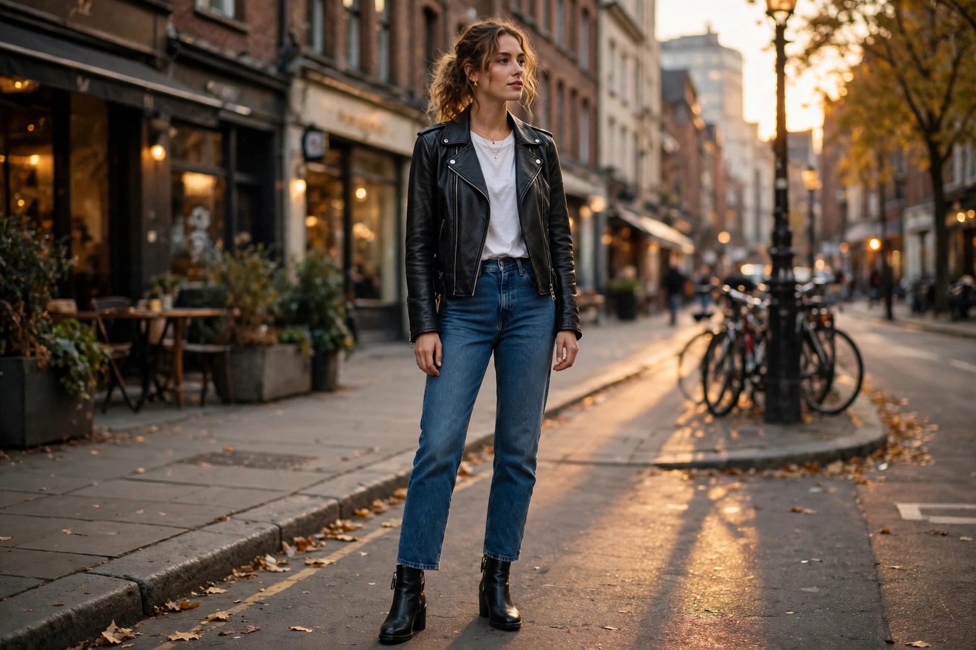 Woman wearing a black leather biker jacket over a white t-shirt and straight-leg jeans