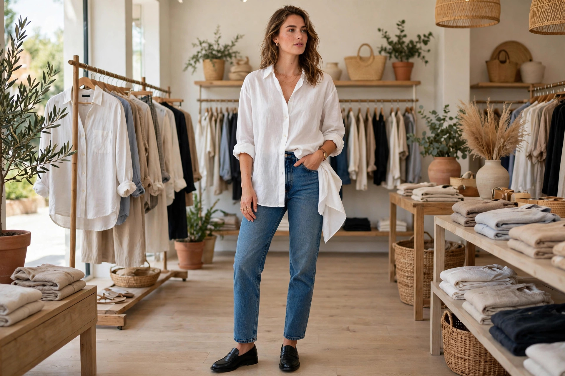 Woman wearing a loose white button-up shirt half-tucked into blue jeans with loafers