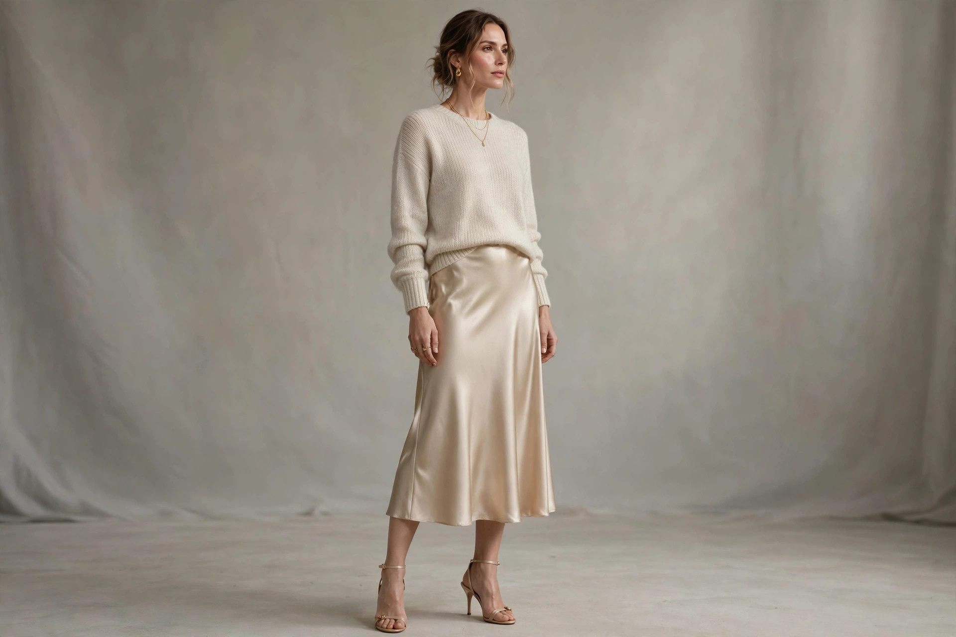 Woman wearing a champagne satin midi skirt with a soft knit sweater and heeled sandals