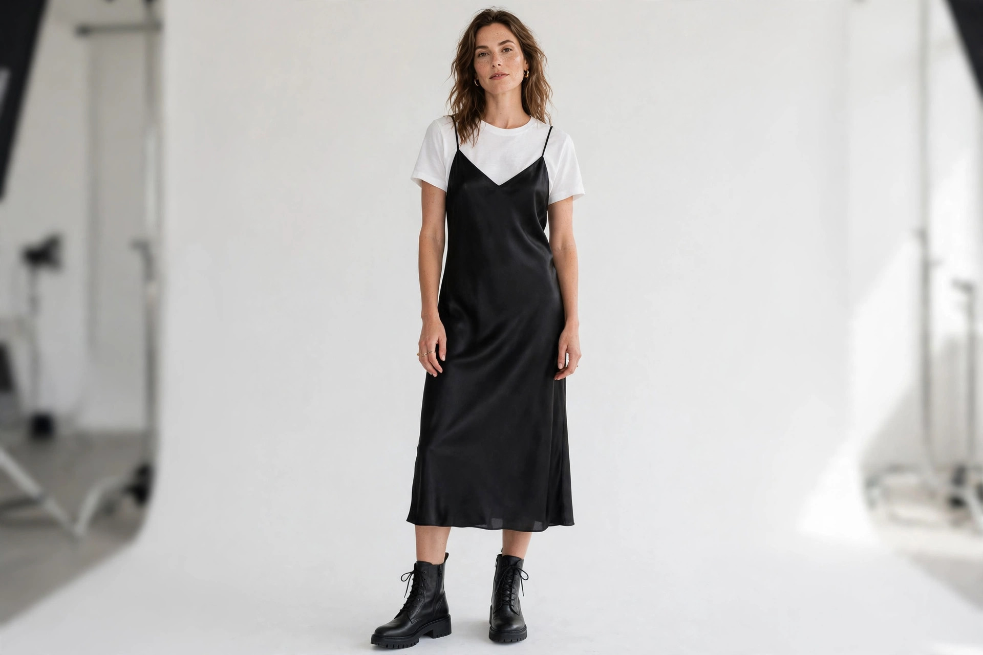 Woman wearing a black satin slip dress layered over a white t-shirt with ankle boots