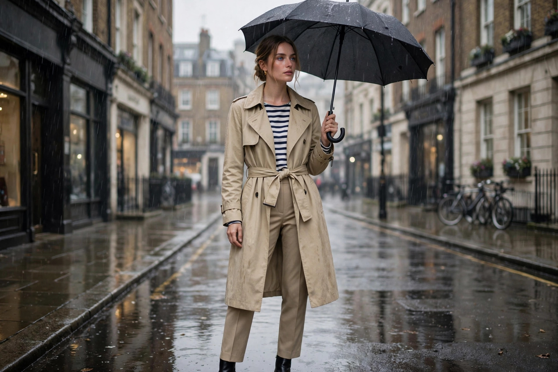 Woman wearing a belted beige trench coat over a striped top and tailored trousers