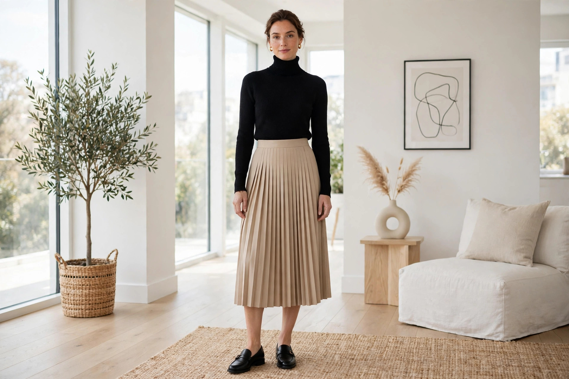 Woman wearing a black turtleneck sweater tucked into a pleated midi skirt with loafers