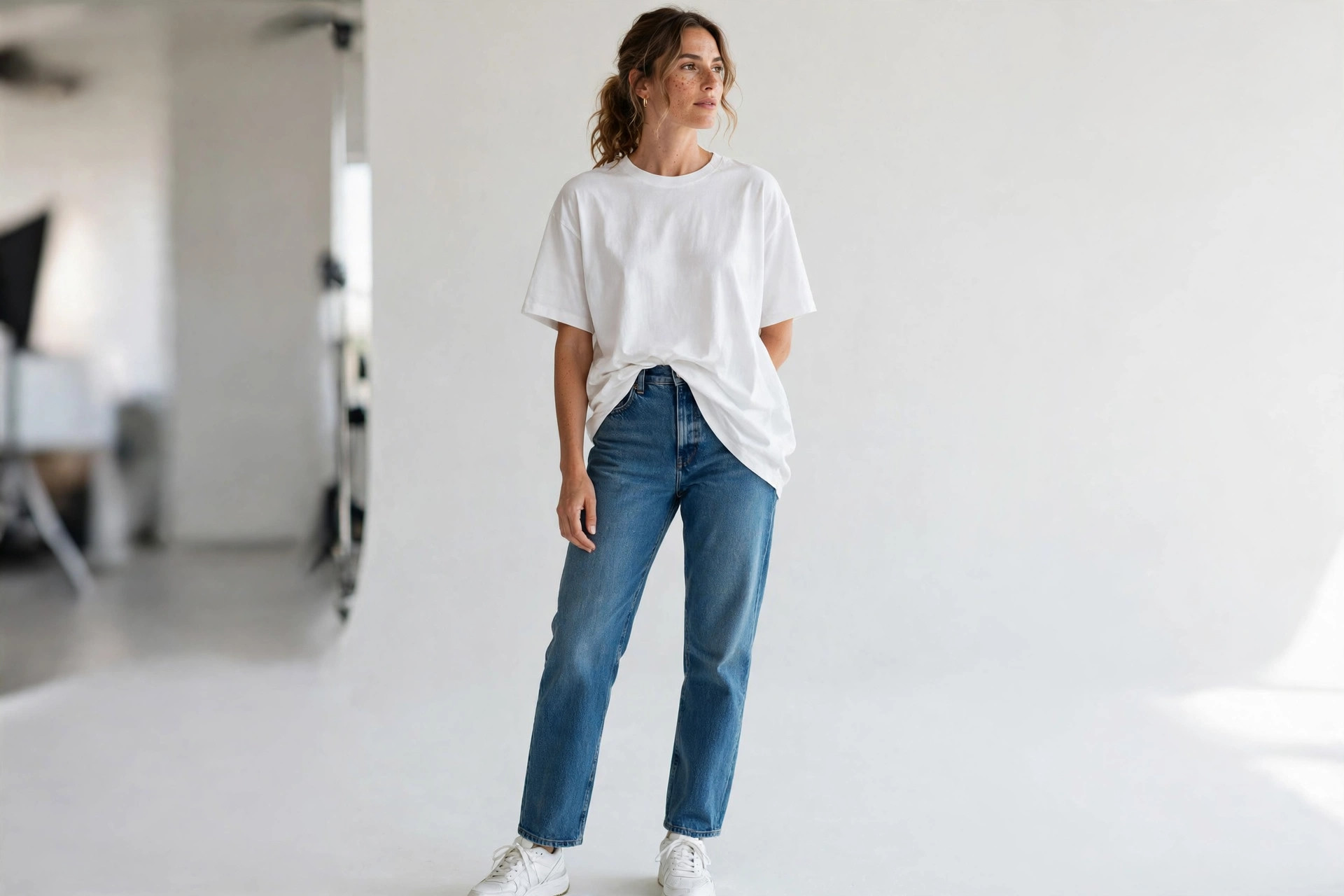 Woman wearing an oversized white t-shirt half-tucked into straight-leg jeans with sneakers
