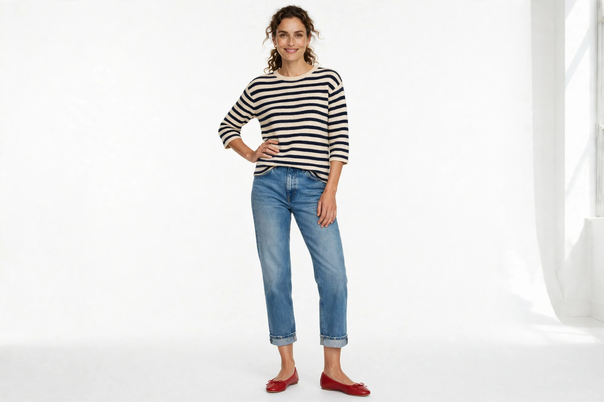 Woman wearing red ballet flats with cropped jeans and a striped knit top