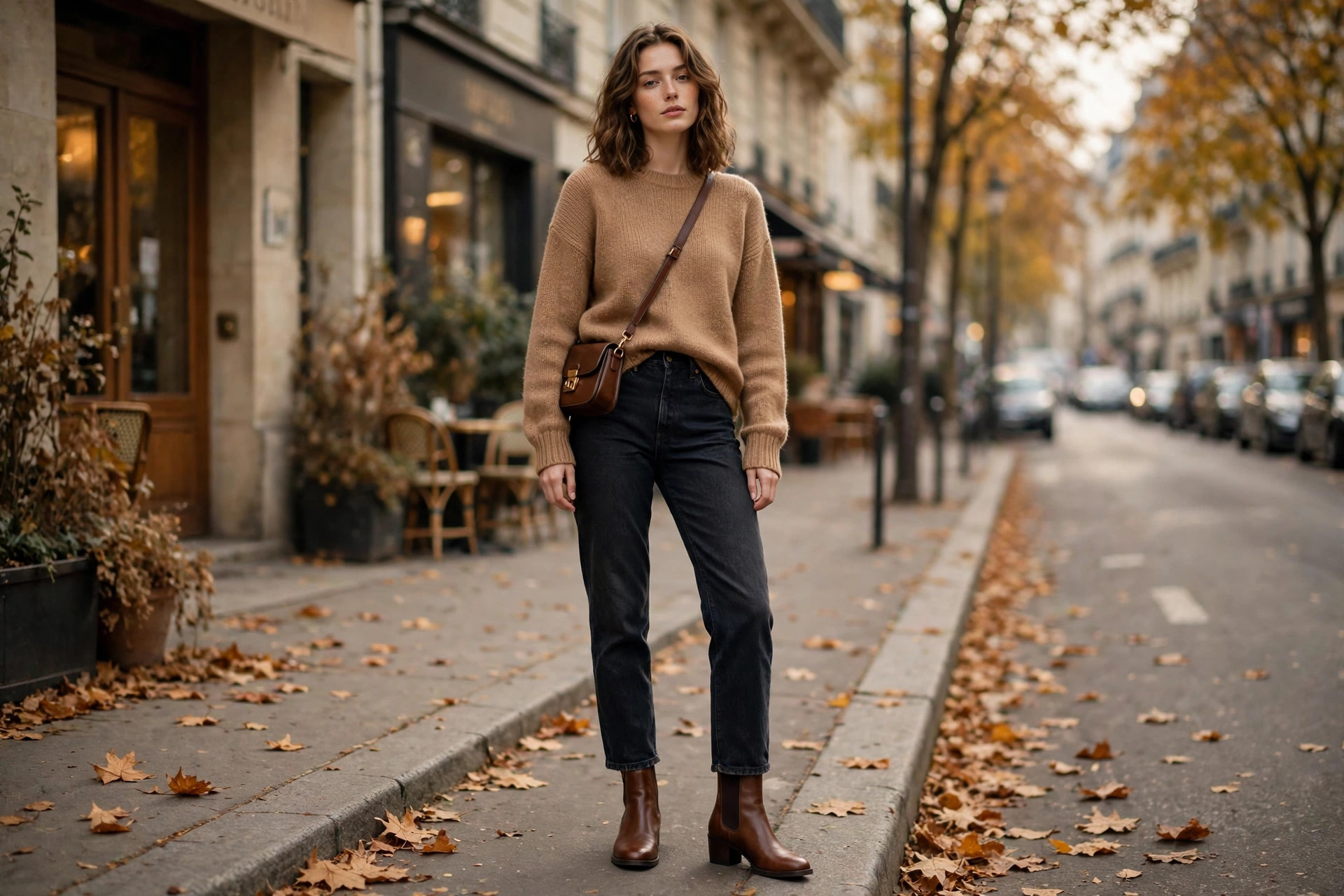 Woman wearing brown leather ankle boots with dark straight-leg jeans and a camel knit sweater