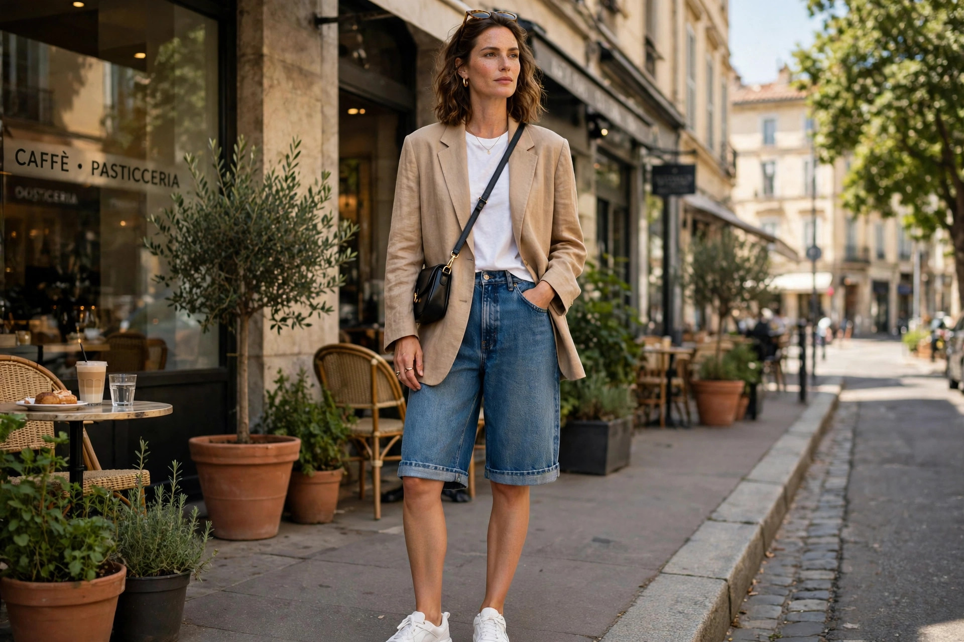 Woman wearing long denim jorts with an oversized blazer and sneakers on a sunny street