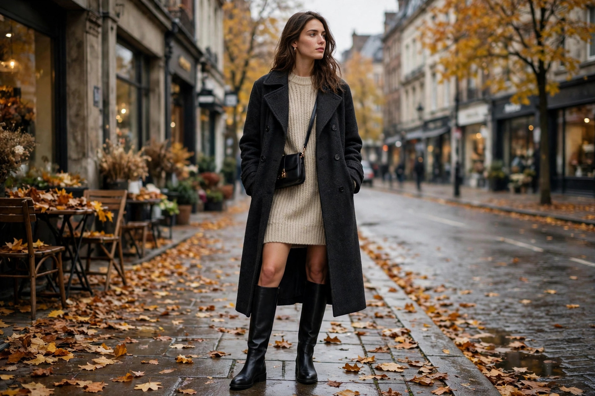 Woman wearing black leather knee-high boots with a knit sweater dress and a long wool coat