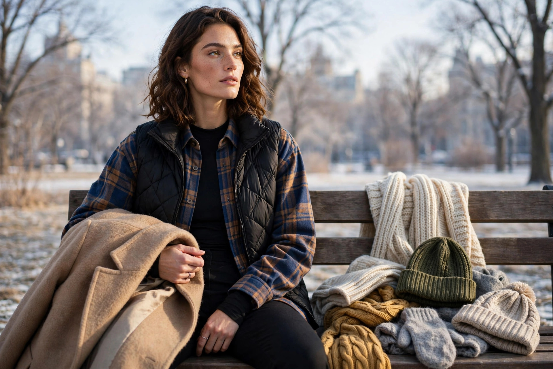 Person dressed in visible winter layers with a base layer top, open overshirt, quilted vest and wool coat